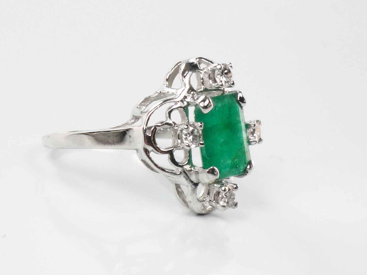 Vintage 14k White Gold Natural Emerald and Diamond Ring, Approximately 1.15 CT Emerald, May Birthstone Size 7.5