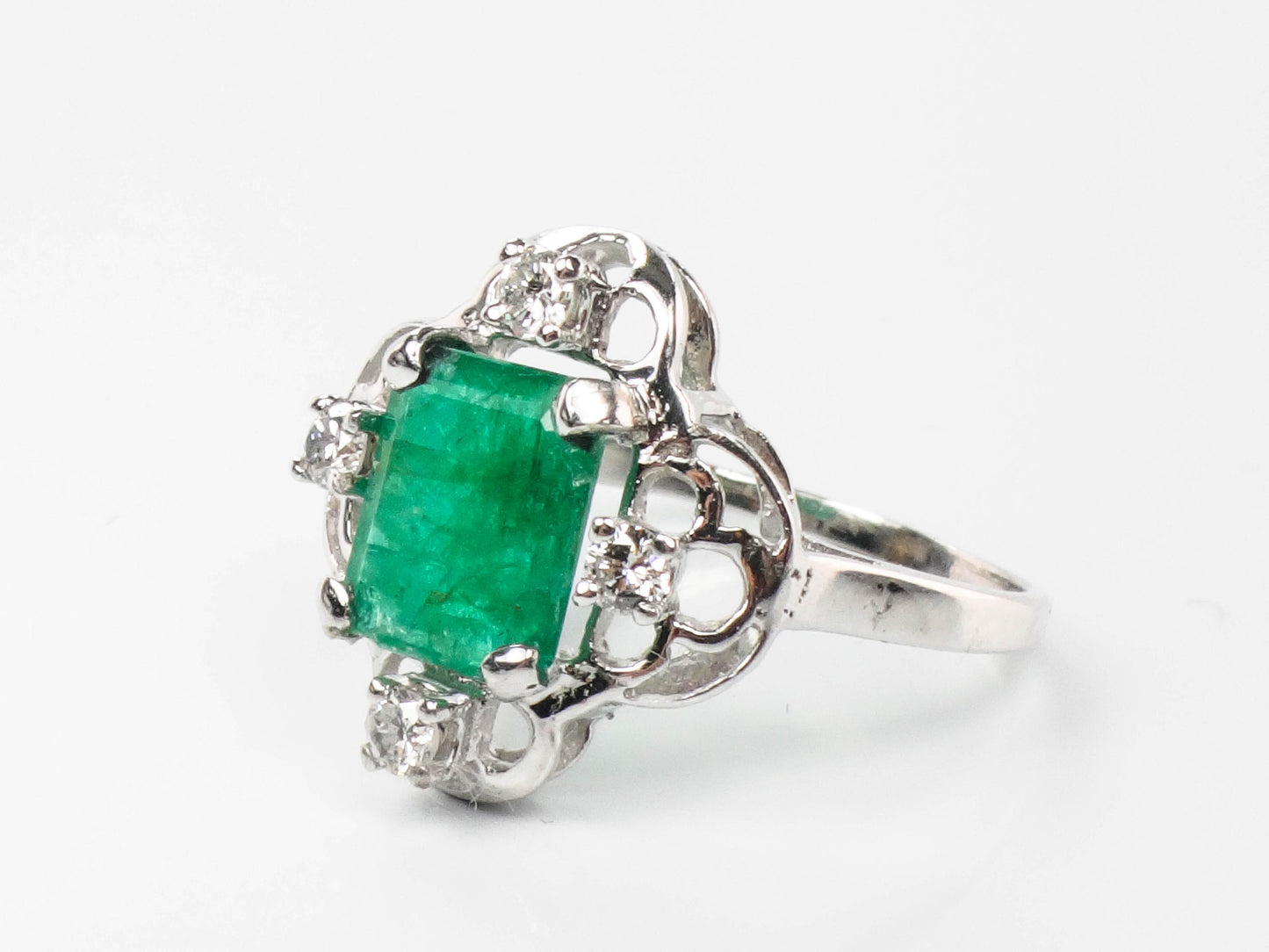Vintage 14k White Gold Natural Emerald and Diamond Ring, Approximately 1.15 CT Emerald, May Birthstone Size 7.5
