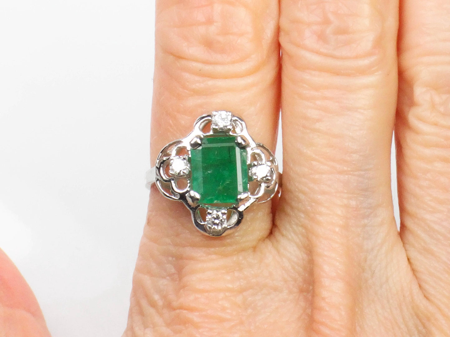 Vintage 14k White Gold Natural Emerald and Diamond Ring, Approximately 1.15 CT Emerald, May Birthstone Size 7.5