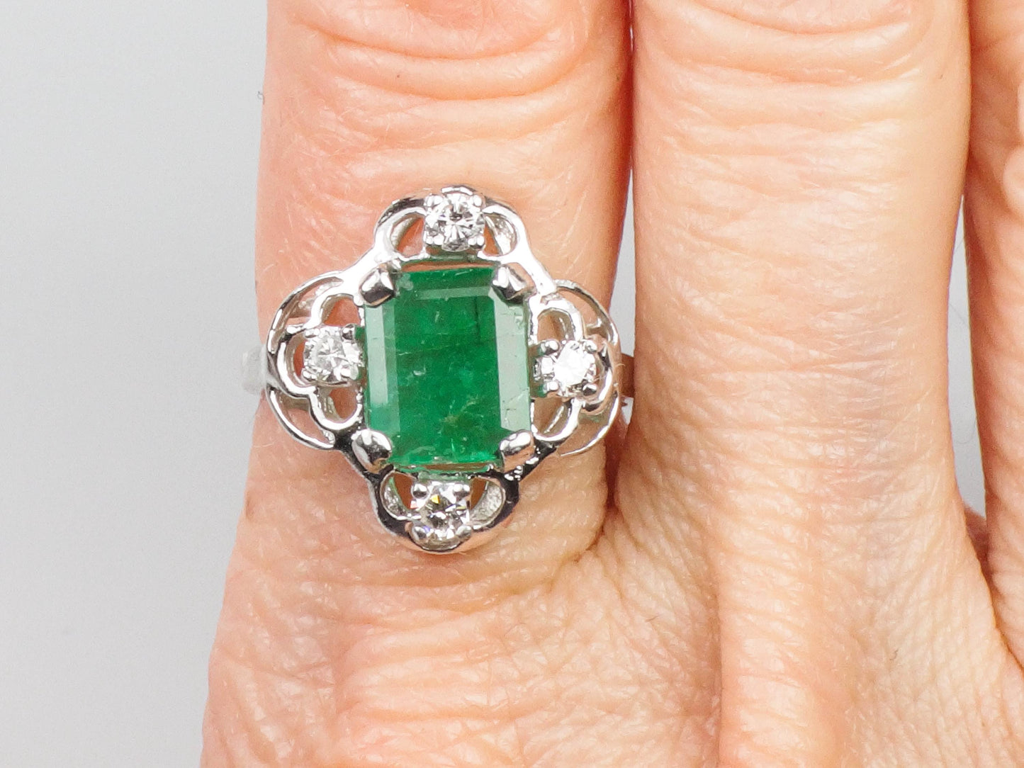 Vintage 14k White Gold Natural Emerald and Diamond Ring, Approximately 1.15 CT Emerald, May Birthstone Size 7.5