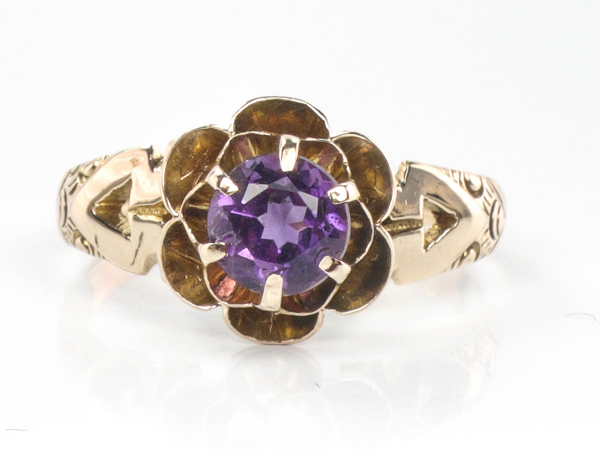 Vintage 14k Yellow Gold Amethyst Ring: Antique Floral Solitaire, February Birthstone, 1910's