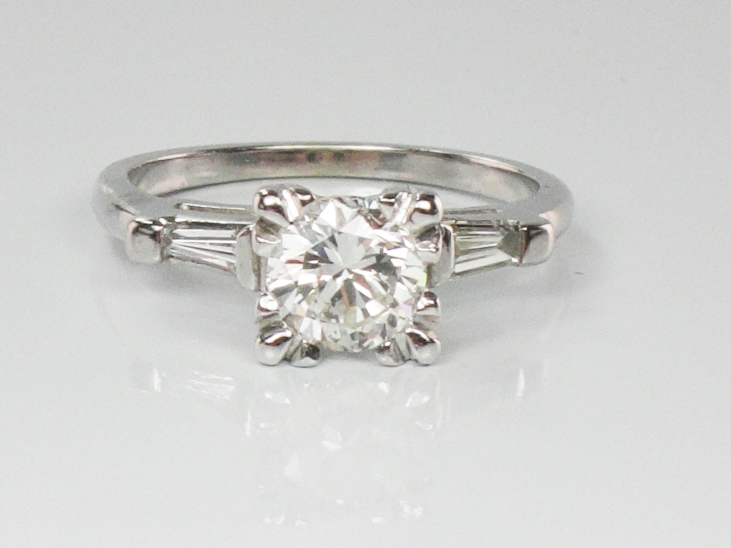 Vintage 14k White Gold Diamond Engagement Ring with Baguettes, Size 6