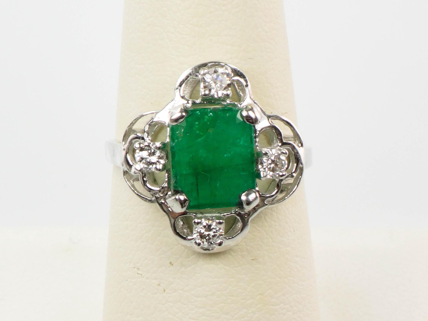 Vintage 14k White Gold Natural Emerald and Diamond Ring, May Birthstone Size 7.5