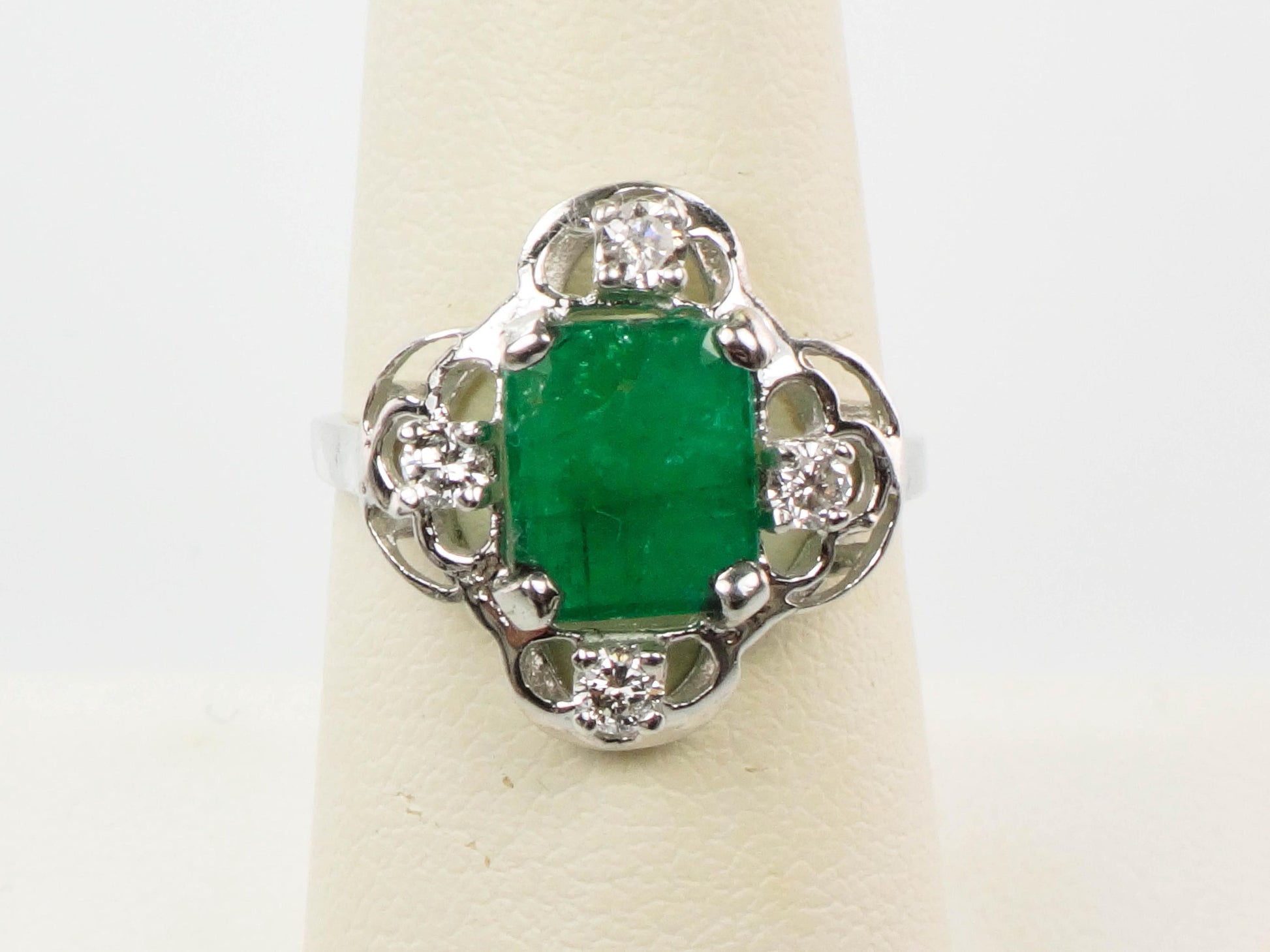 Vintage 14k White Gold Natural Emerald and Diamond Ring, May Birthstone Size 7.5