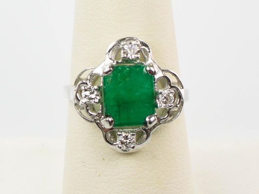 Vintage 14k White Gold Natural Emerald and Diamond Ring, May Birthstone Size 7.5