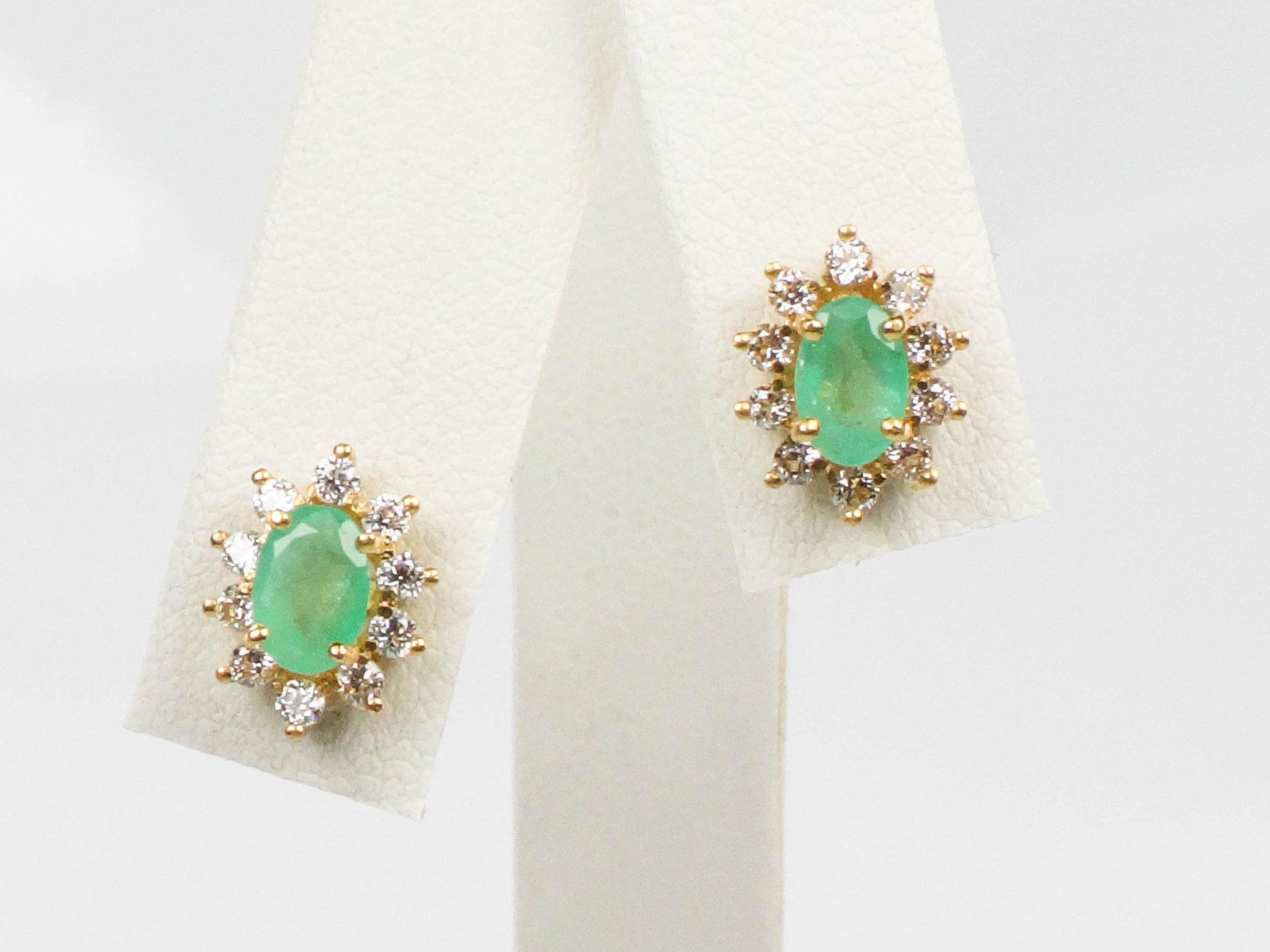 Vintage Yellow Gold Natural Emerald and CZ Halo Earrings, Green Stone Stud Earrings