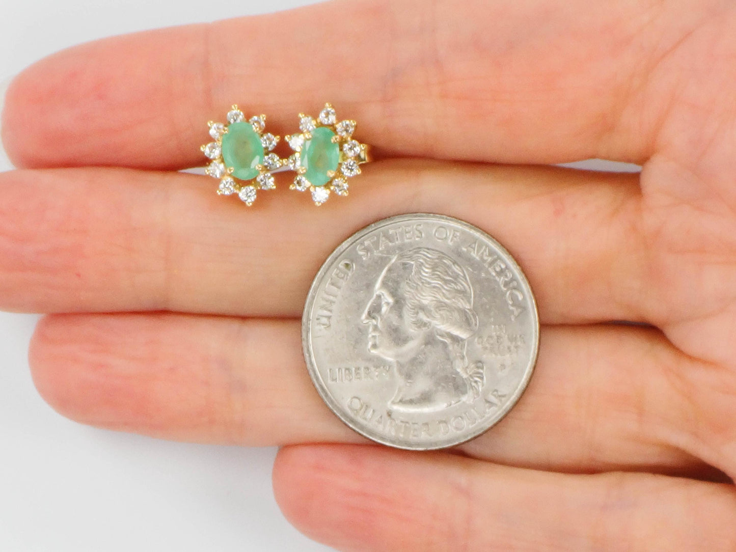 Vintage Yellow Gold Natural Emerald and CZ Halo Earrings, Green Stone Stud Earrings