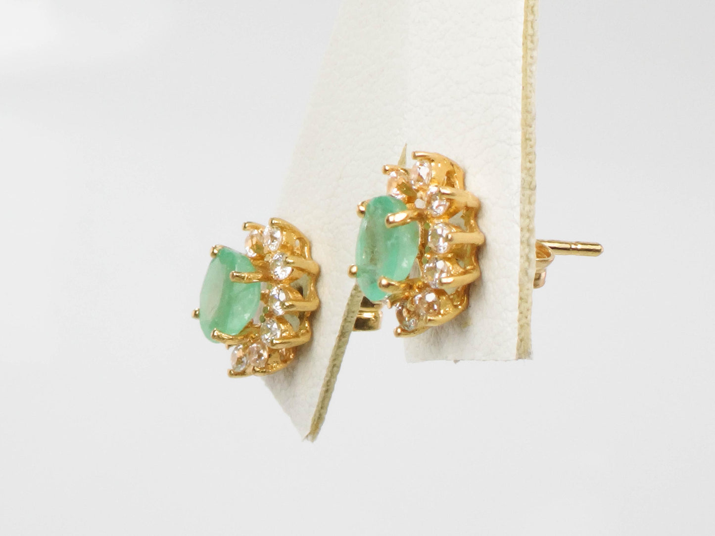 Vintage Yellow Gold Natural Emerald and CZ Halo Earrings, Green Stone Stud Earrings