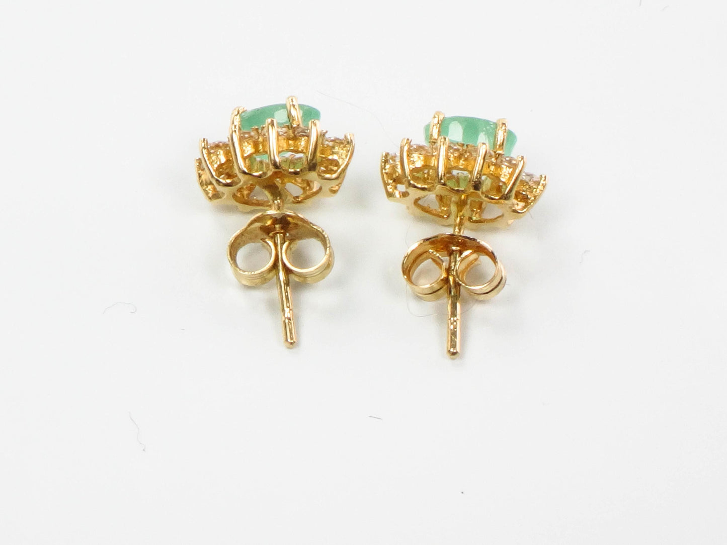 Vintage Yellow Gold Natural Emerald and CZ Halo Earrings, Green Stone Stud Earrings