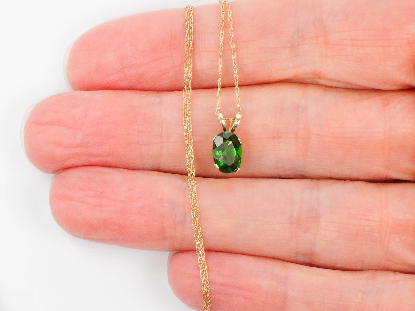 Vintage Yellow Gold Green Tourmaline Drop Necklace, Minimalist Oval Cut Green Stone Pendant, 19"