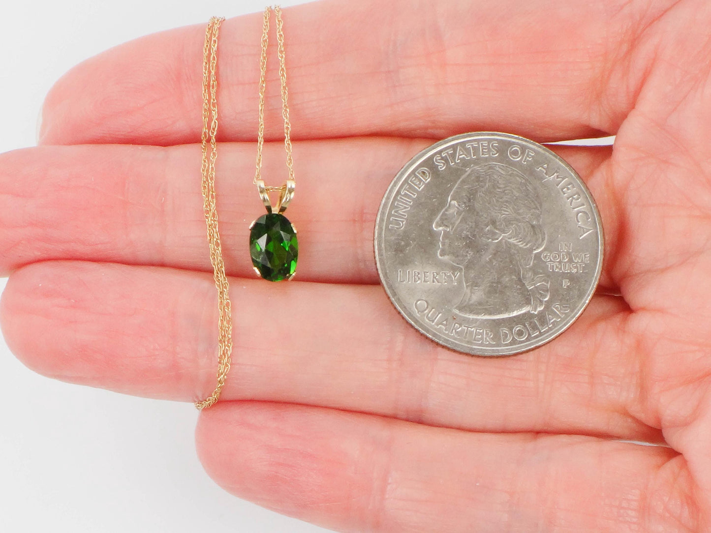Vintage Yellow Gold Green Tourmaline Drop Necklace, Minimalist Oval Cut Green Stone Pendant, 19"