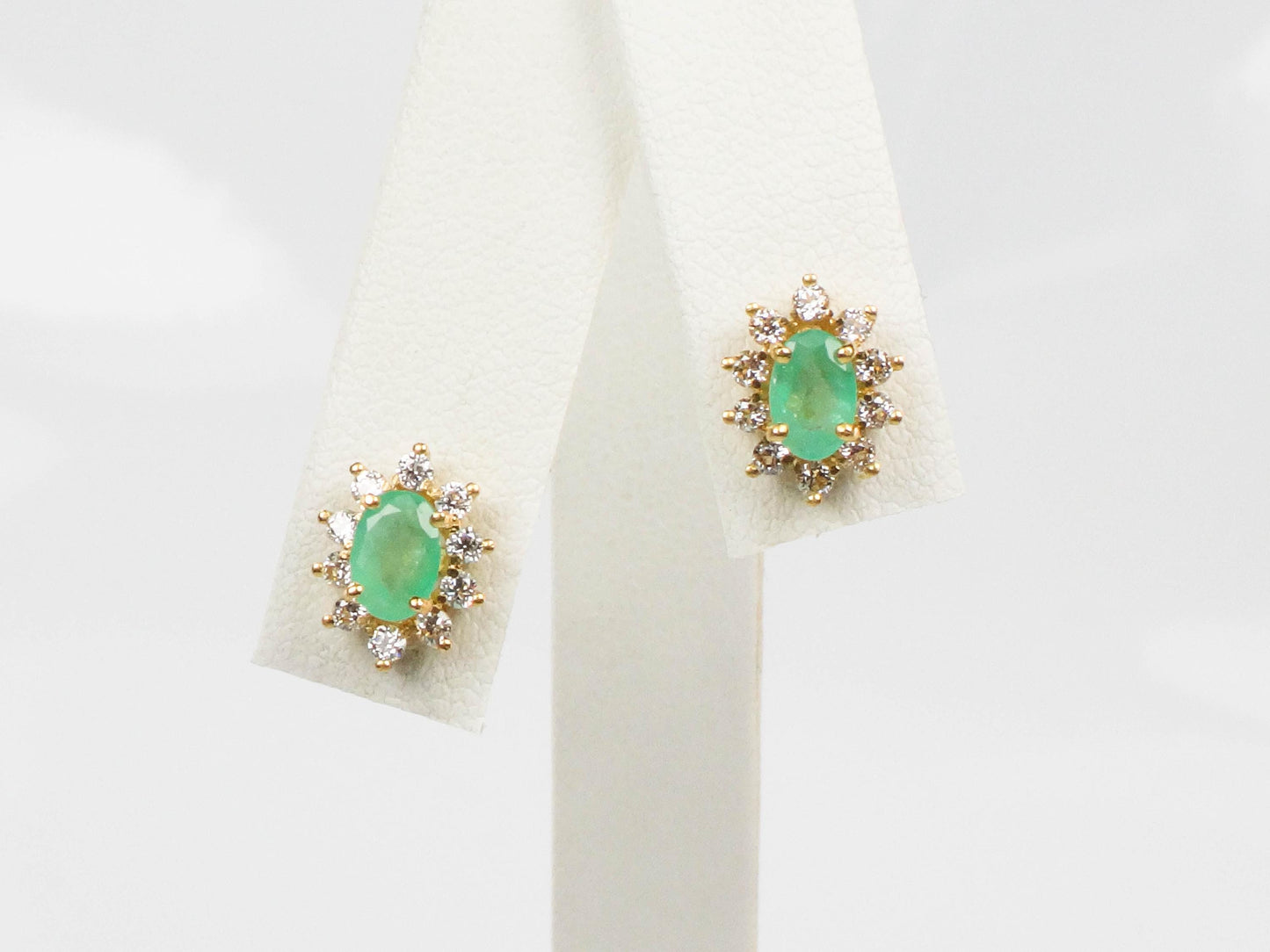 Vintage Yellow Gold Natural Emerald and CZ Halo Earrings, Green Stone Stud Earrings