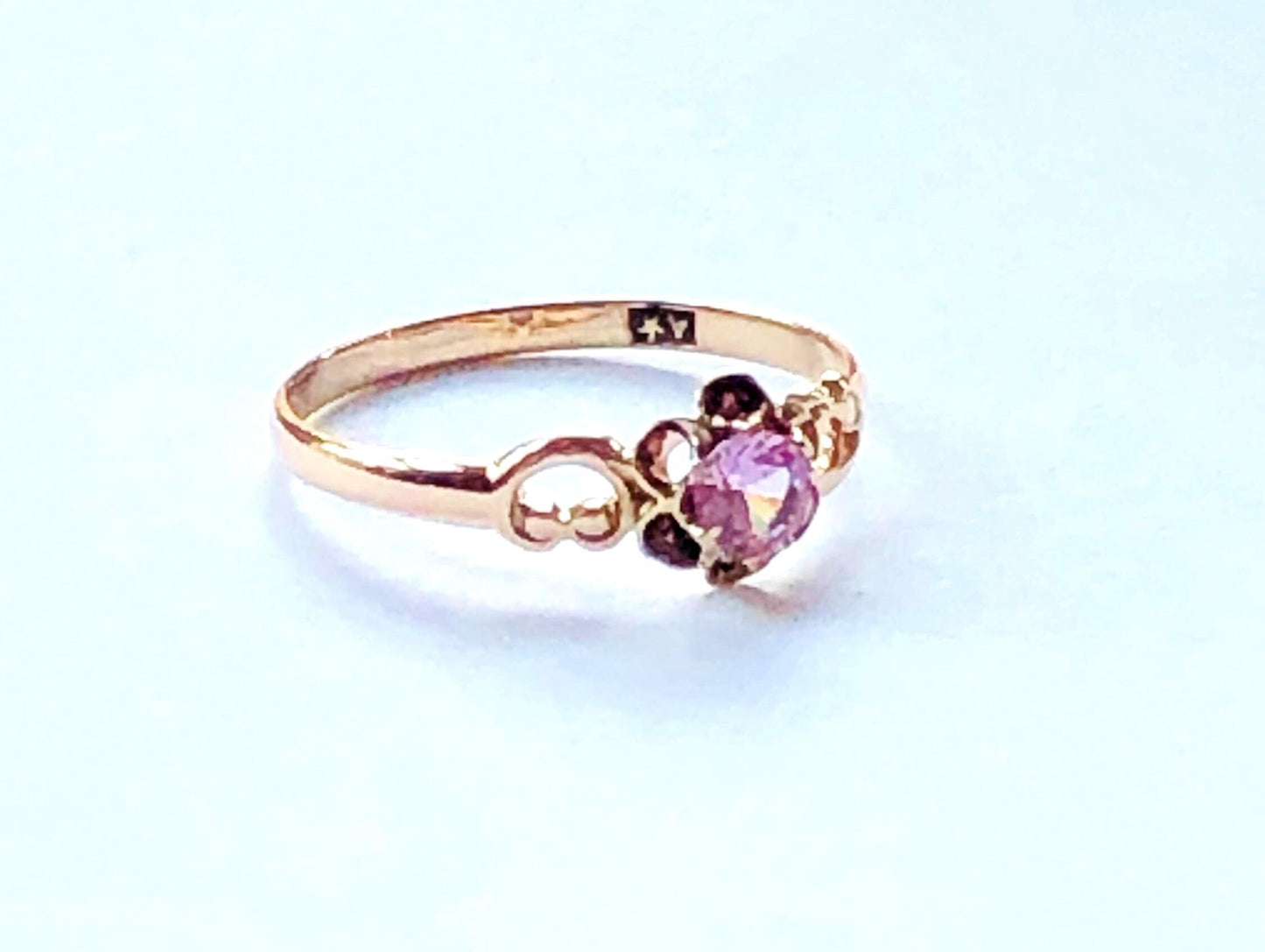 Vintage 10k Yellow Gold Pink Sapphire Ring, Lab Created Sapphire Solitaire Ring Size 6 1/2