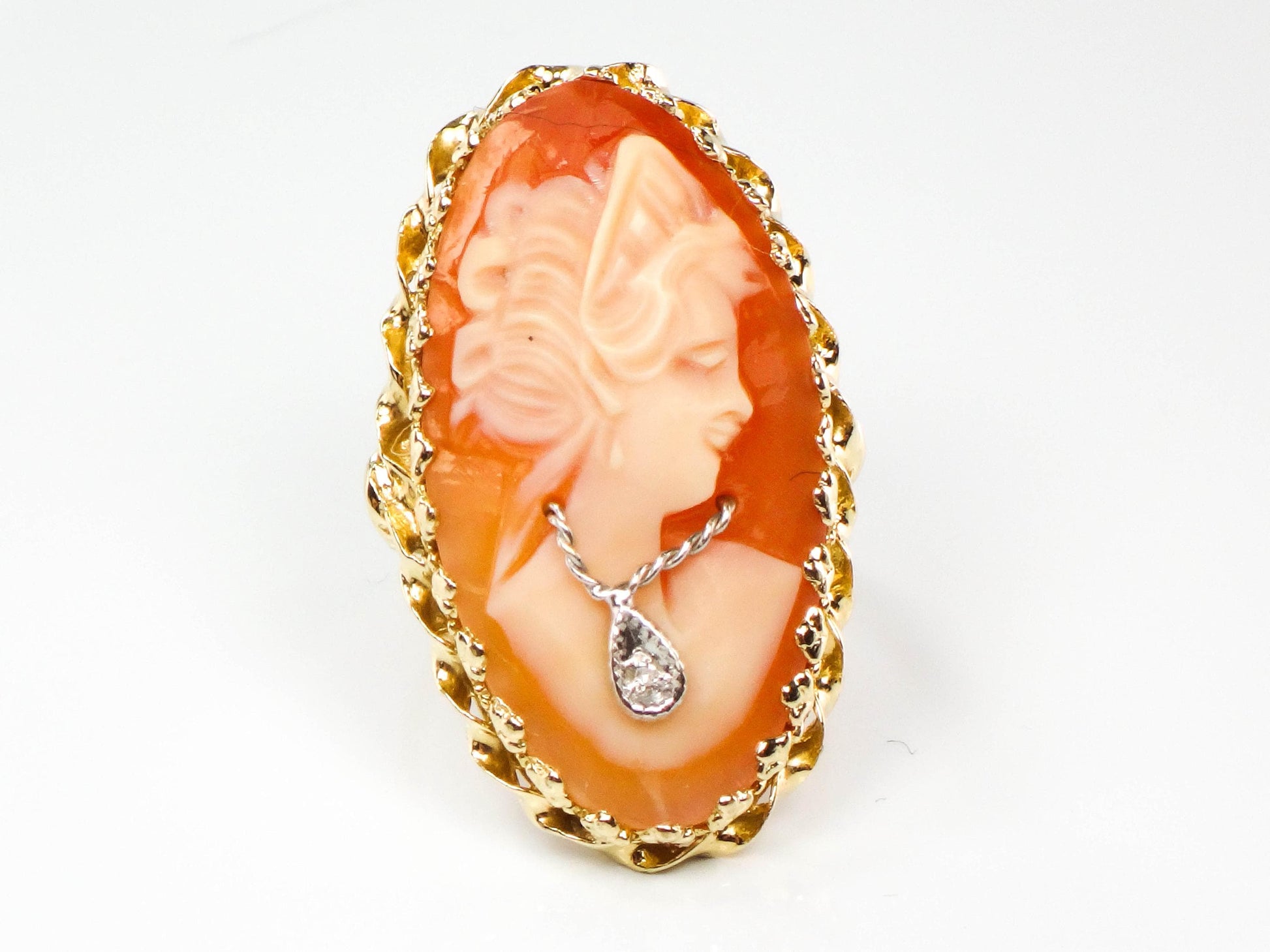 Vintage Large 14k Yellow Gold Cameo Diamond Ring