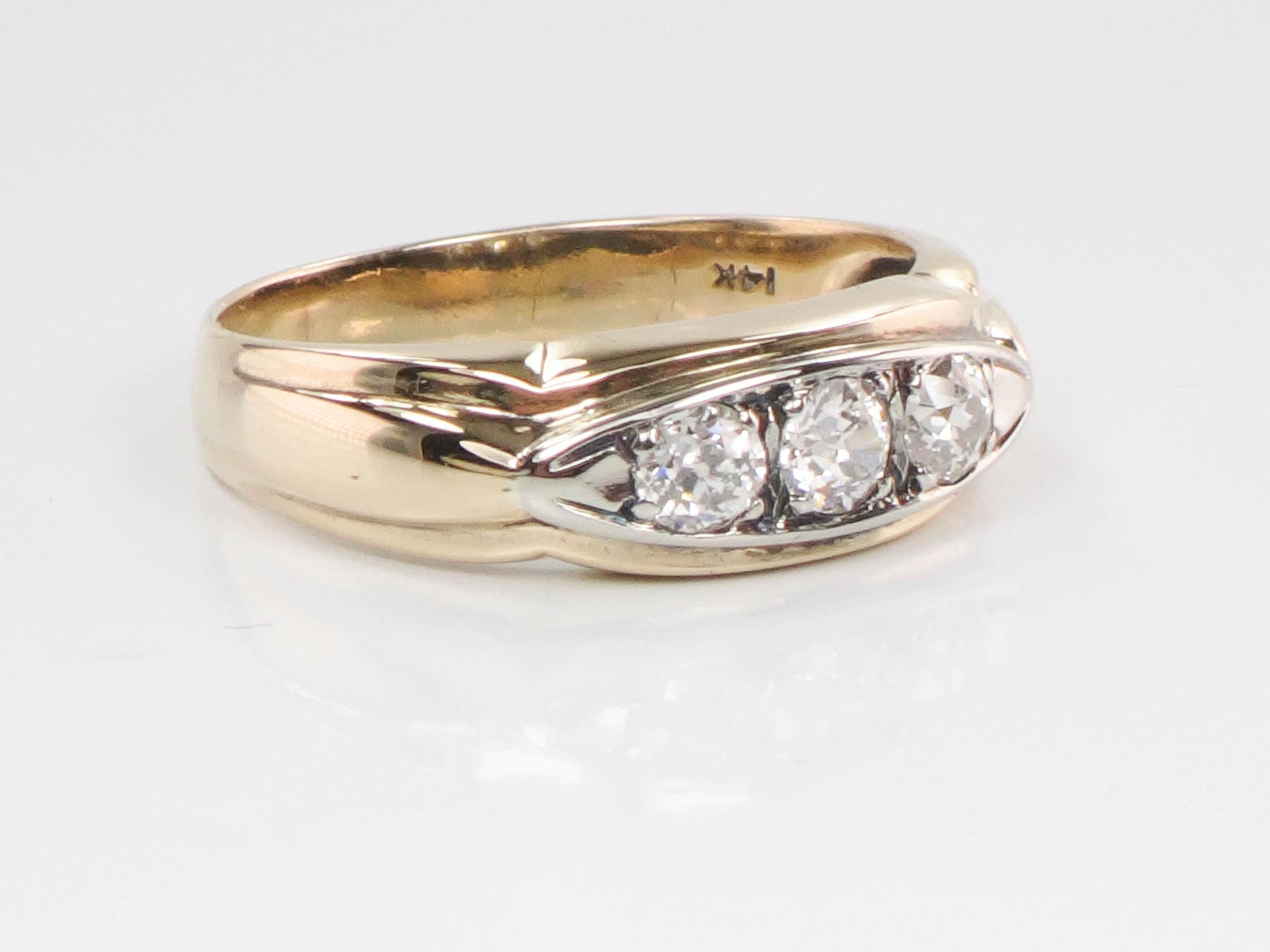 Vintage Art Deco 14k Gold Diamond Ring: Three Old Mine Cuts, 1930s, Size 8.75