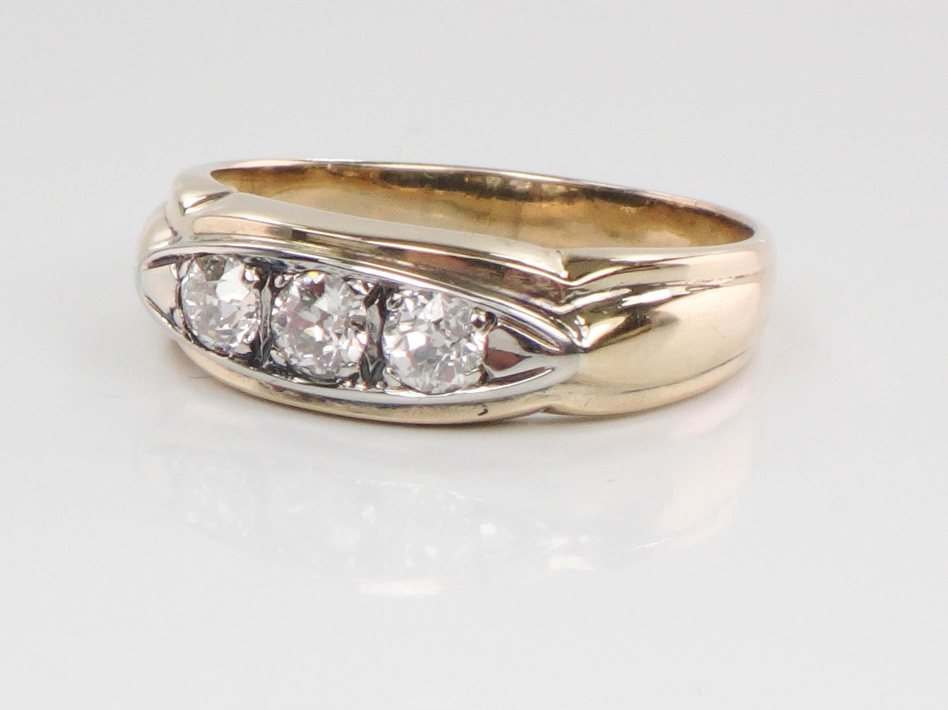 Vintage Art Deco 14k Gold Diamond Ring: Three Old Mine Cuts, 1930s, Size 8.75