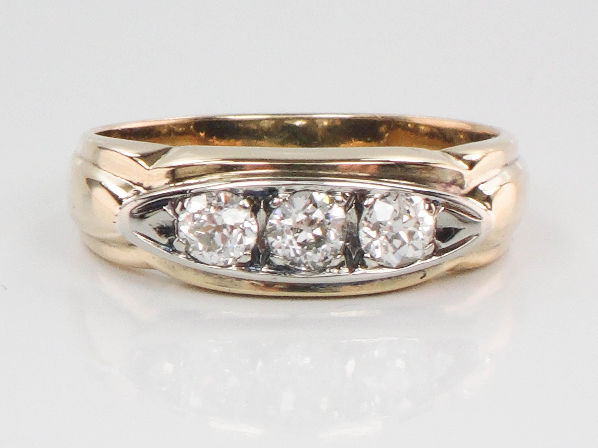 Vintage Art Deco 14k Gold Diamond Ring: Three Old Mine Cuts, 1930s, Size 8.75