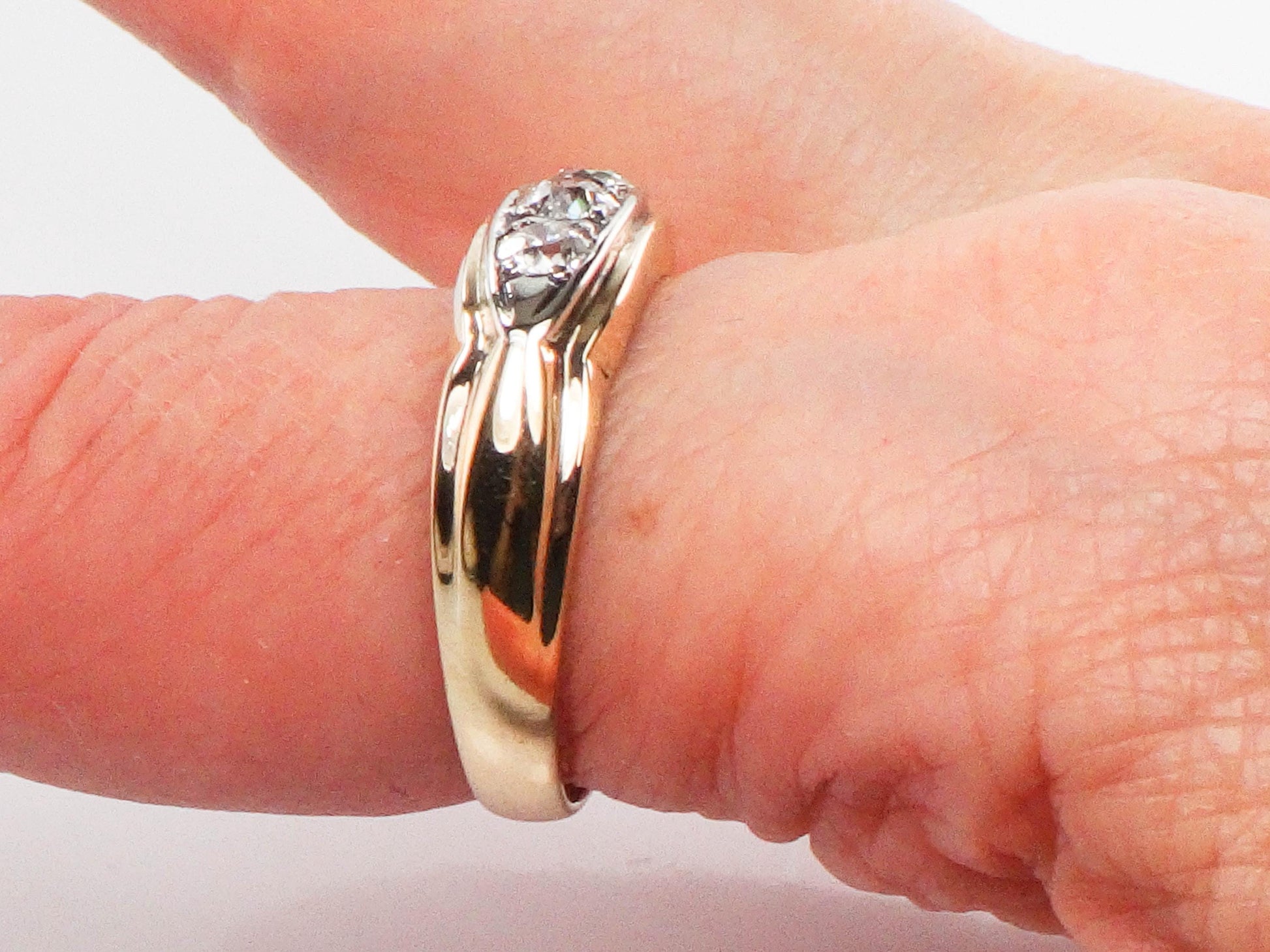 Vintage Art Deco 14k Gold Diamond Ring: Three Old Mine Cuts, 1930s, Size 8.75