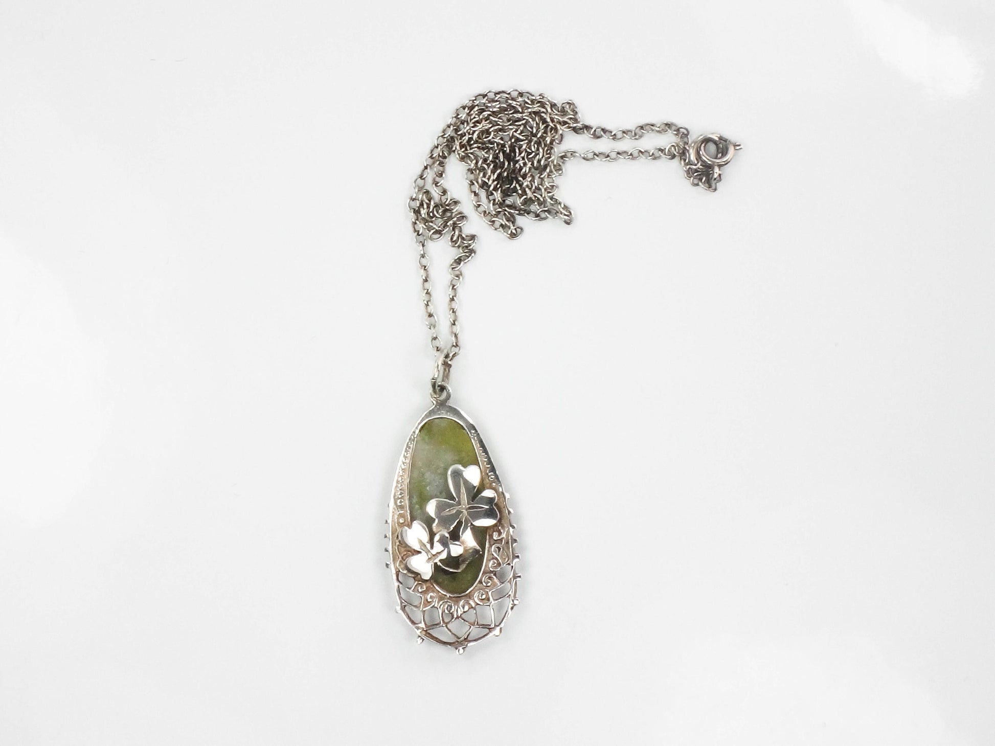 Vintage Sterling Silver Connemara Marble Shamrock Pendant Necklace, Irish Good Luck Necklace 18"