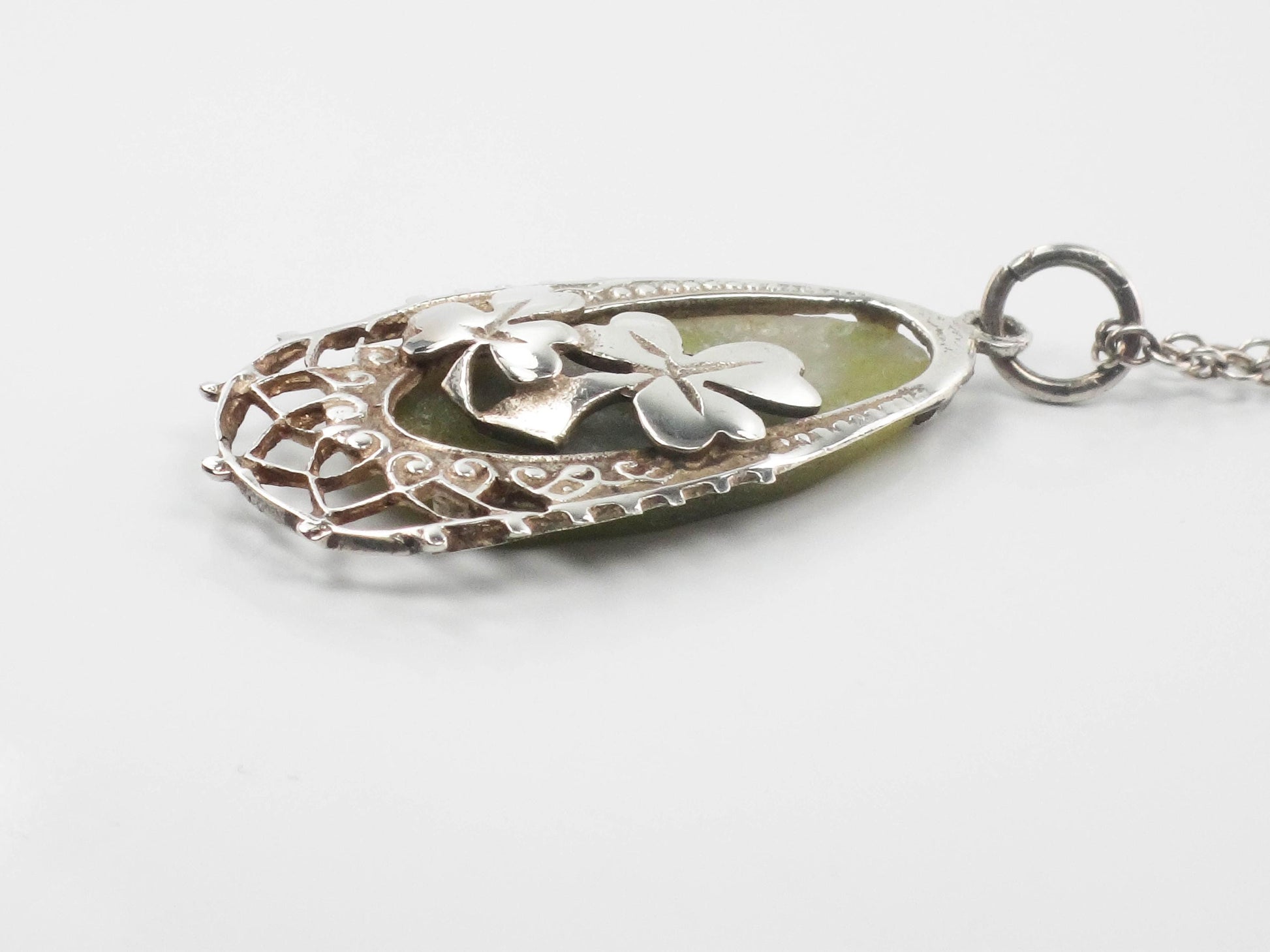 Vintage Sterling Silver Connemara Marble Shamrock Pendant Necklace, Irish Good Luck Necklace 18"