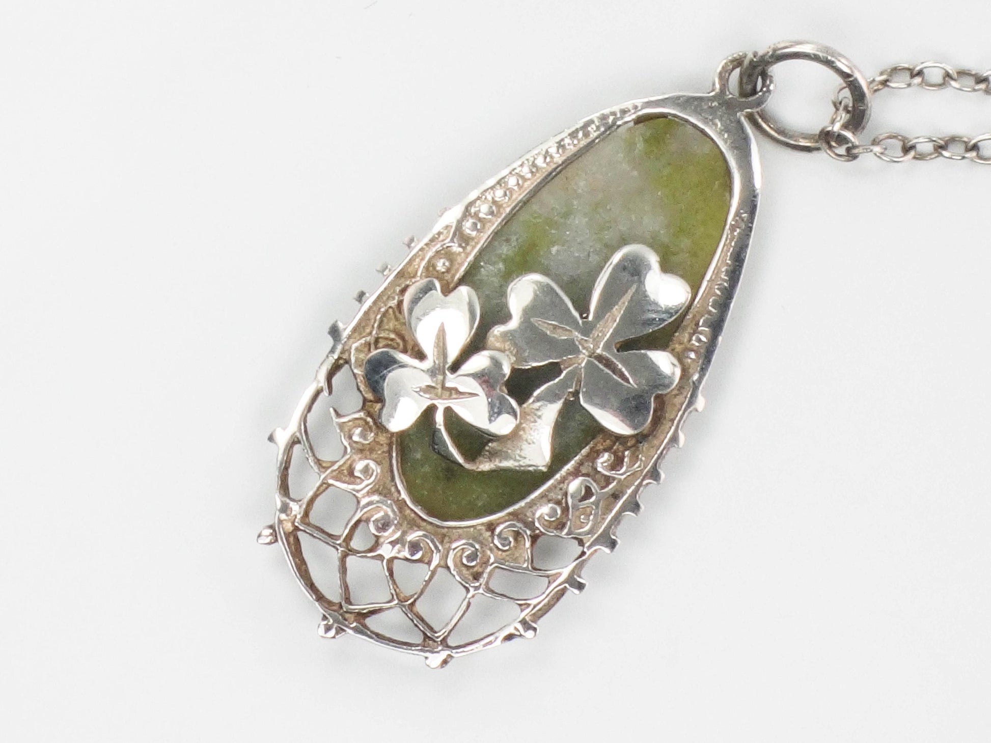 Vintage Sterling Silver Connemara Marble Shamrock Pendant Necklace, Irish Good Luck Necklace 18"