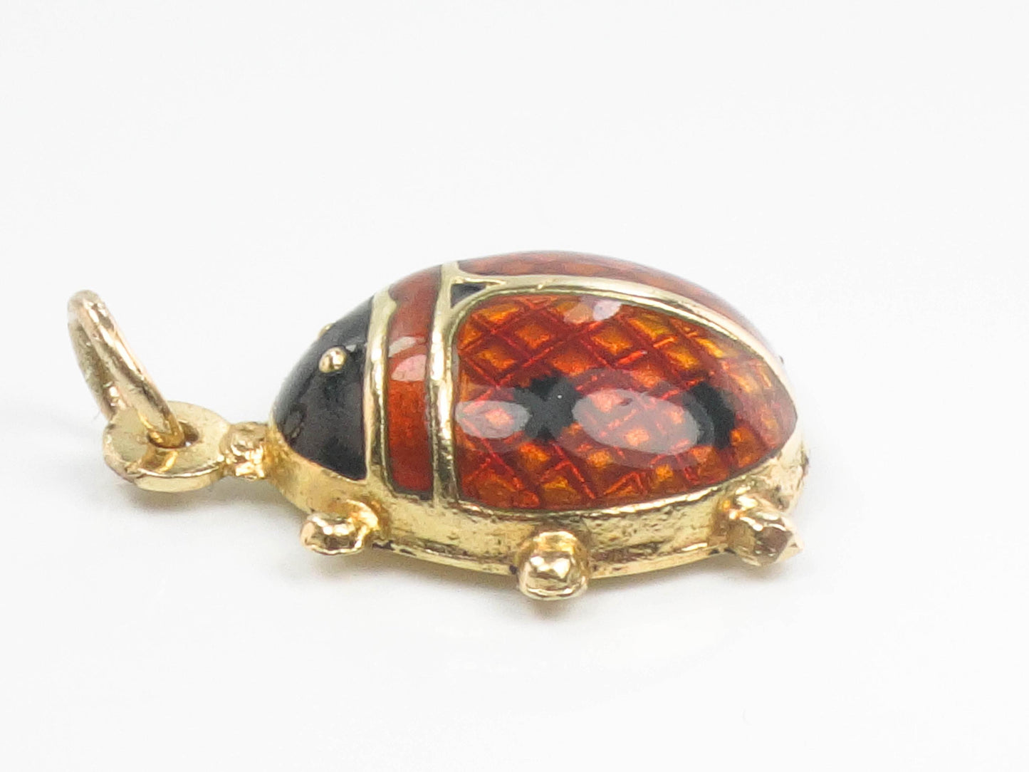 Vintage 18k Gold Puffy Ladybug Pendant with Red and Black Enamel, Good Luck Charm