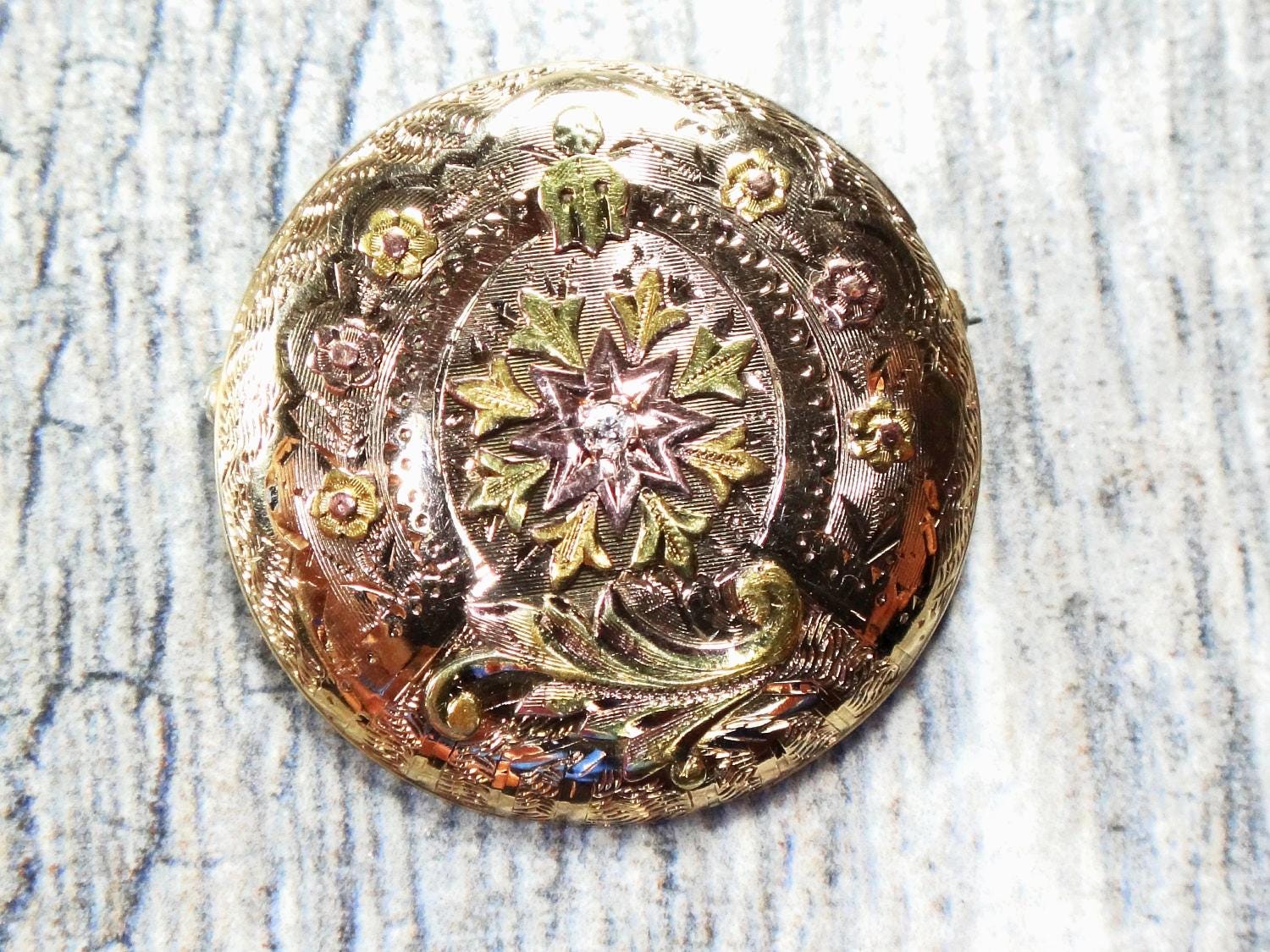 Antique 14k Tri-Color Gold Diamond Pin: Floral Engraved Pocket Watch Cover