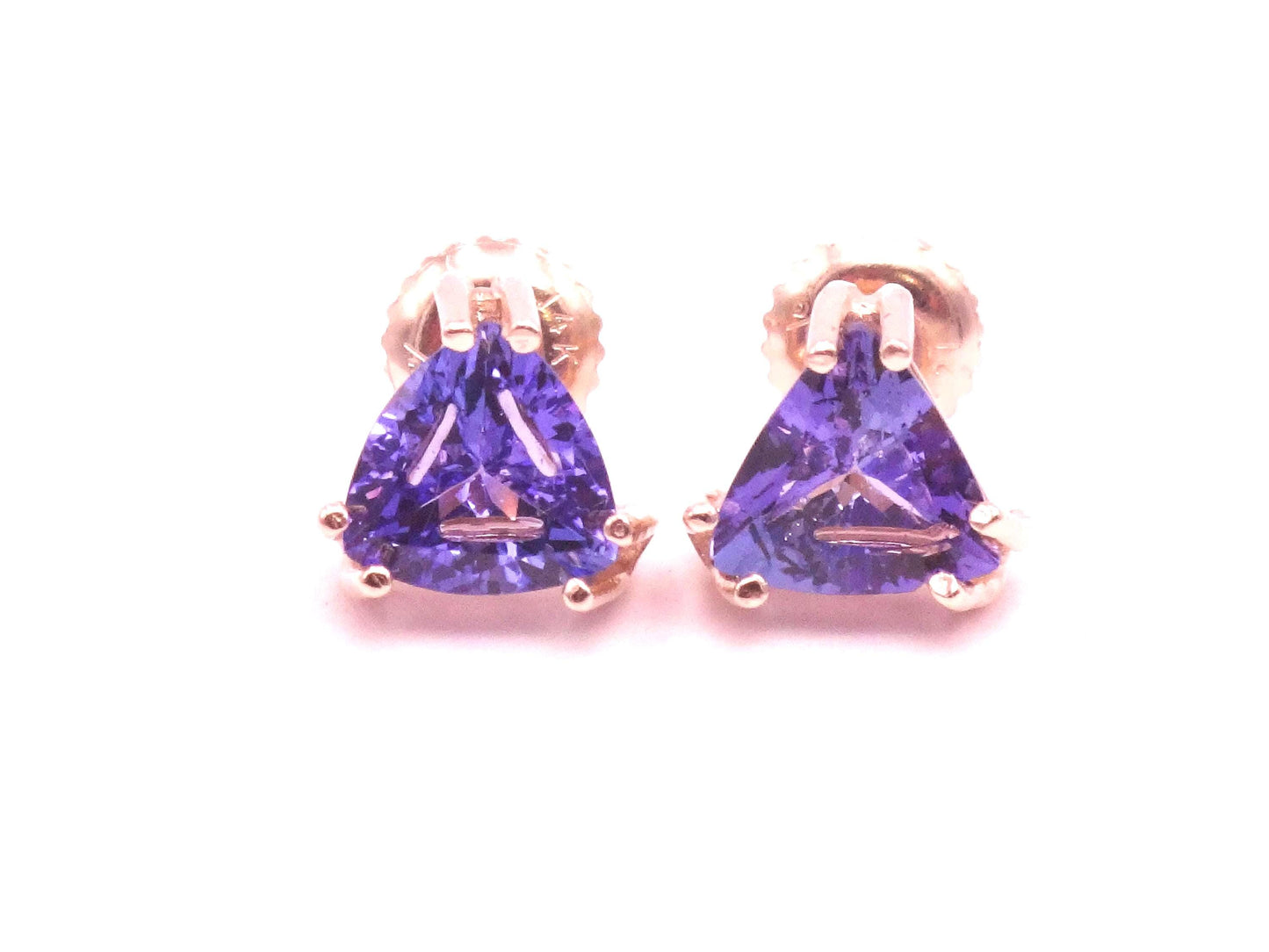 Vintage 14k Yellow Gold Tanzanite Stud Earrings, Triangle Shaped Purple Blue Studs