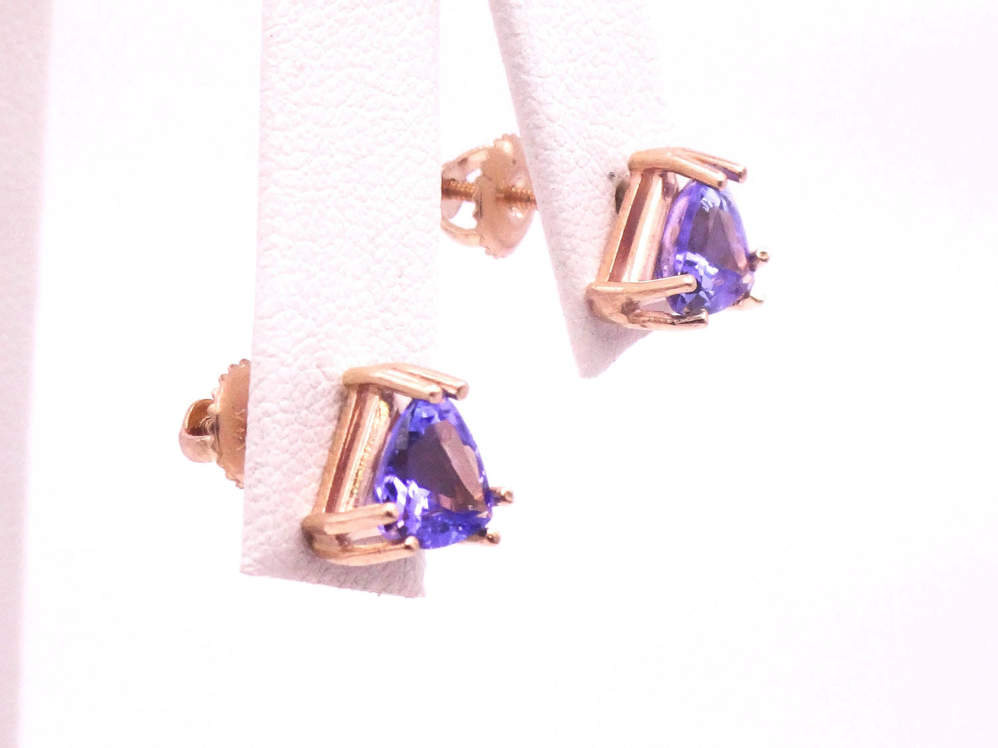 Vintage 14k Yellow Gold Tanzanite Stud Earrings, Triangle Shaped Purple Blue Studs