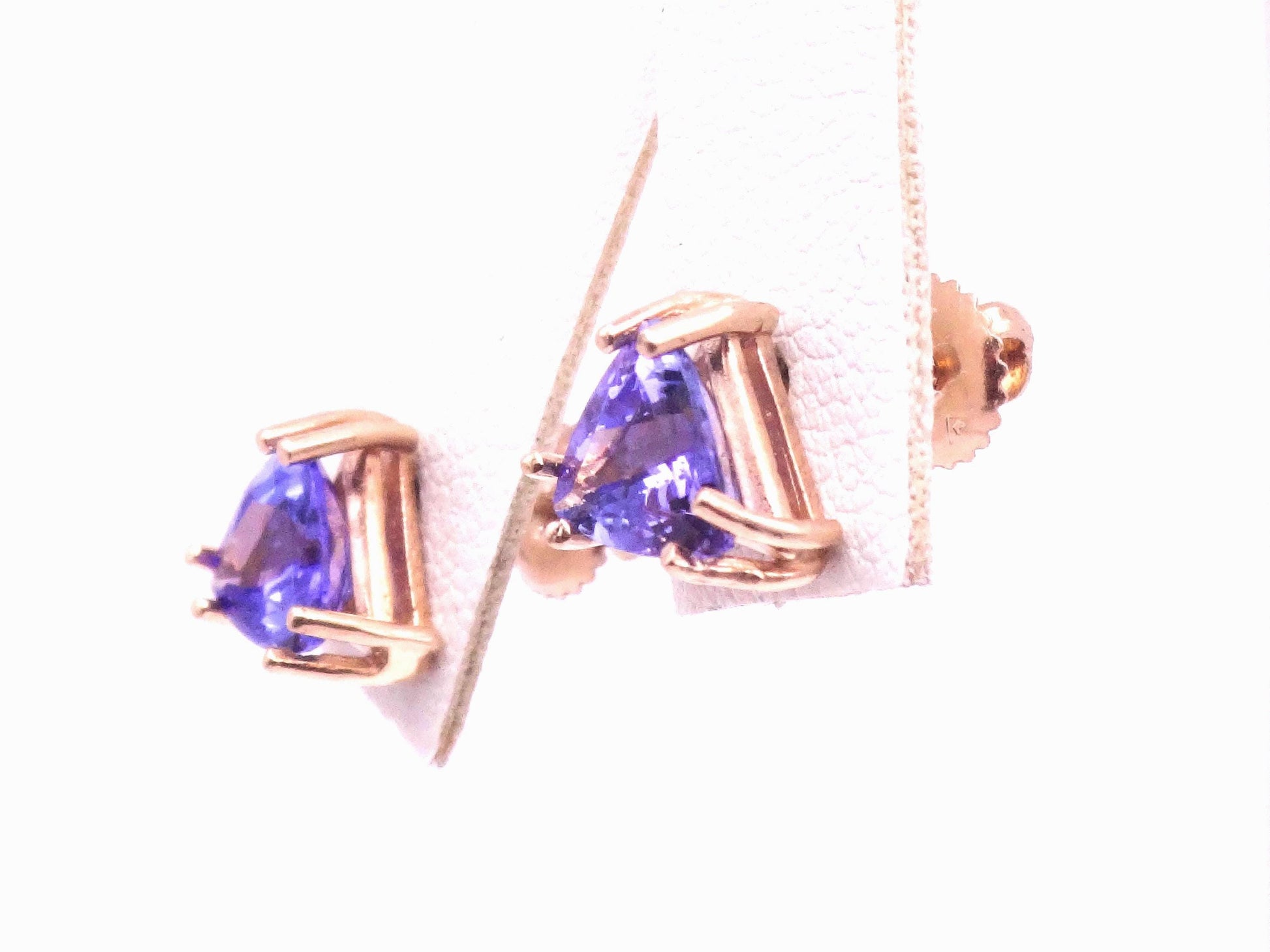 Vintage 14k Yellow Gold Tanzanite Stud Earrings, Triangle Shaped Purple Blue Studs