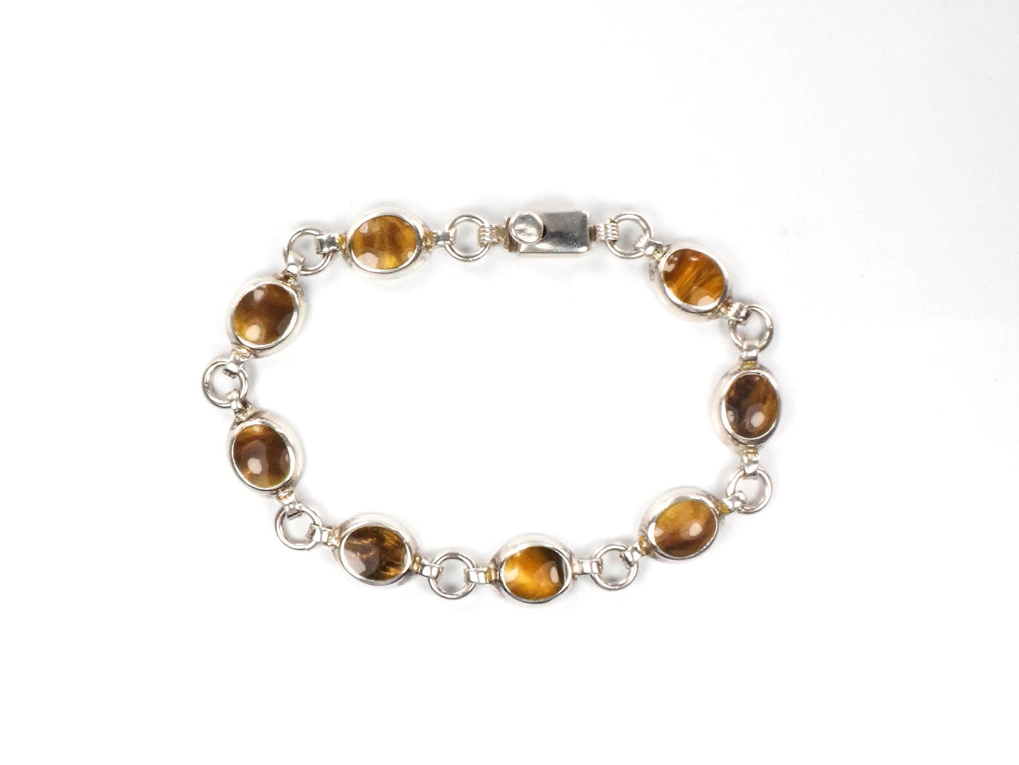 Vintage Sterling Silver Tiger Eye Bracelet, Mexico 925 Natural Stone Bracelet 8"