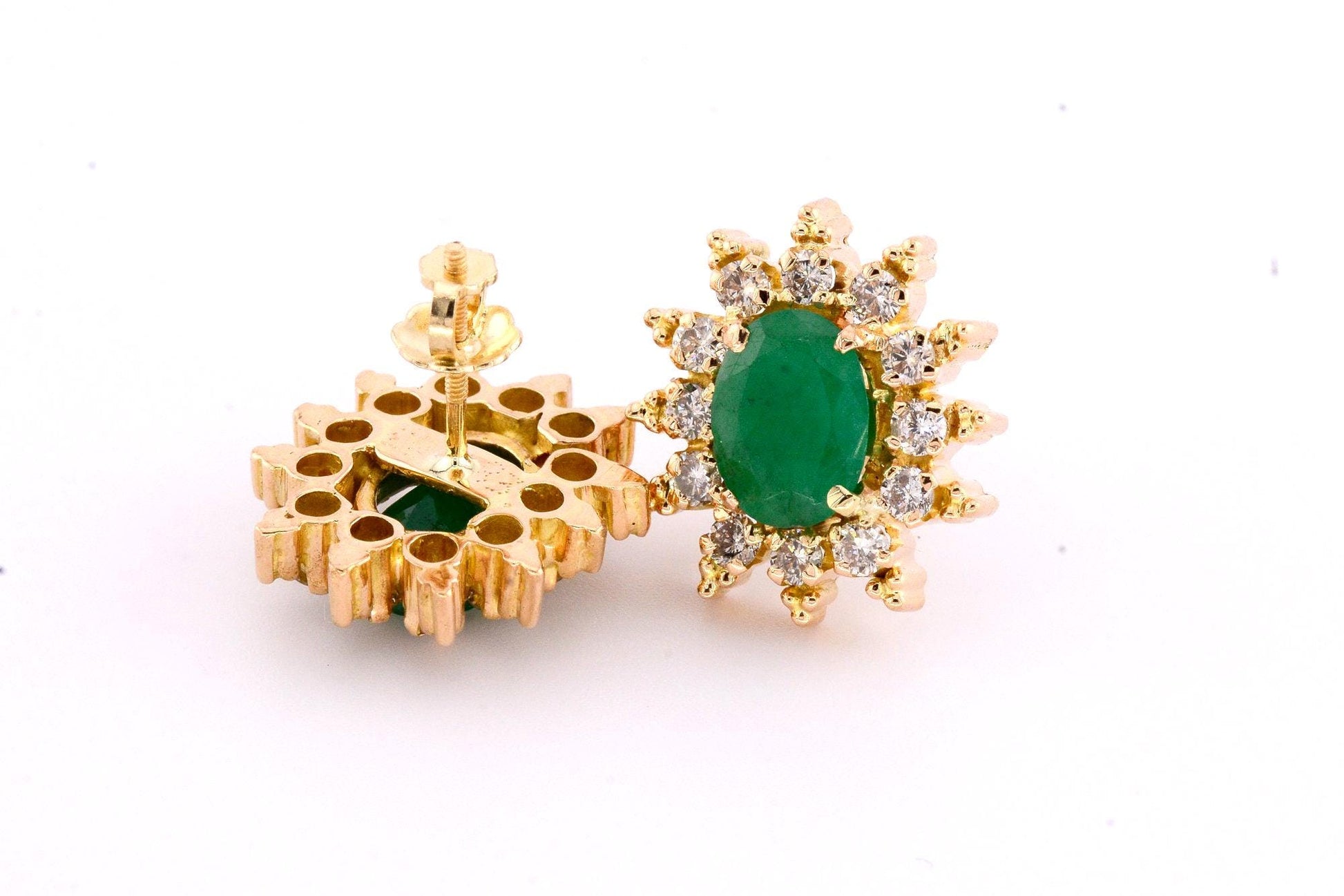 Vintage 18k Gold Emerald Diamond Halo Stud Earrings