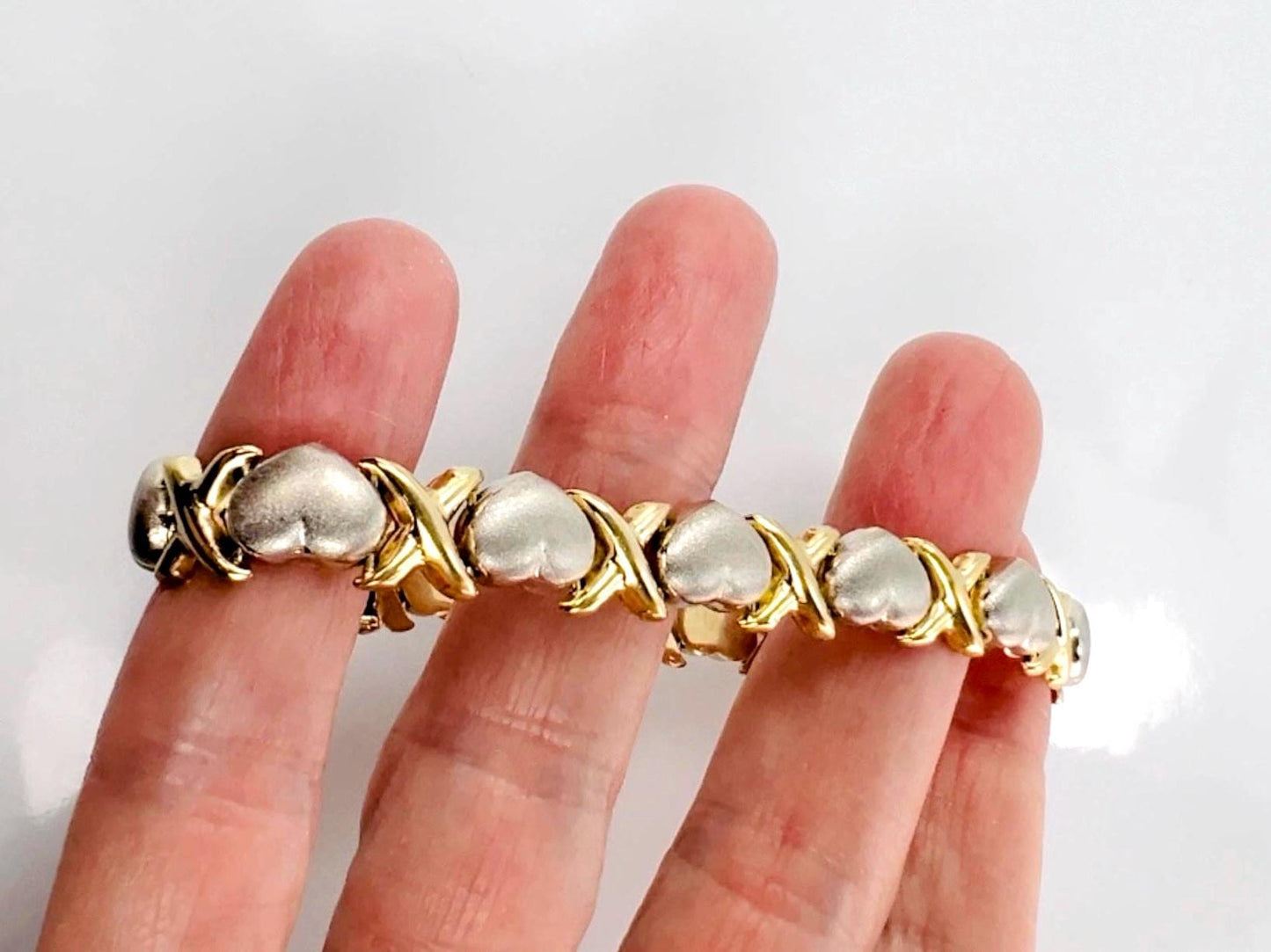14k Two-Tone Gold X and Hearts Bracelet - Hugs and Kisses Italian Gold Bracelet - 7.25" - Circa 1990's