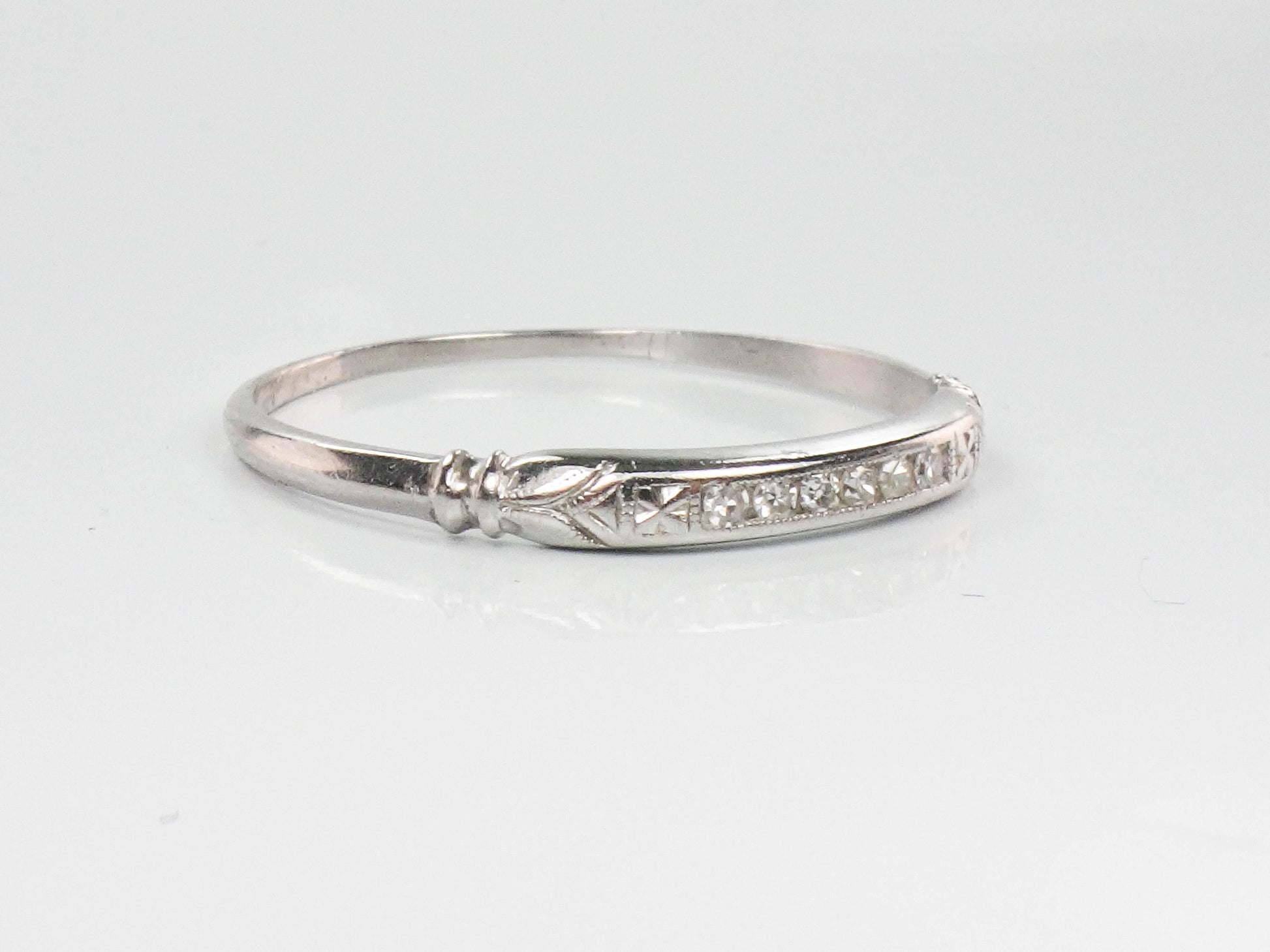 Vintage Platinum Diamond Wedding Band - 1930s Thin Stacking Ring Size 11.75