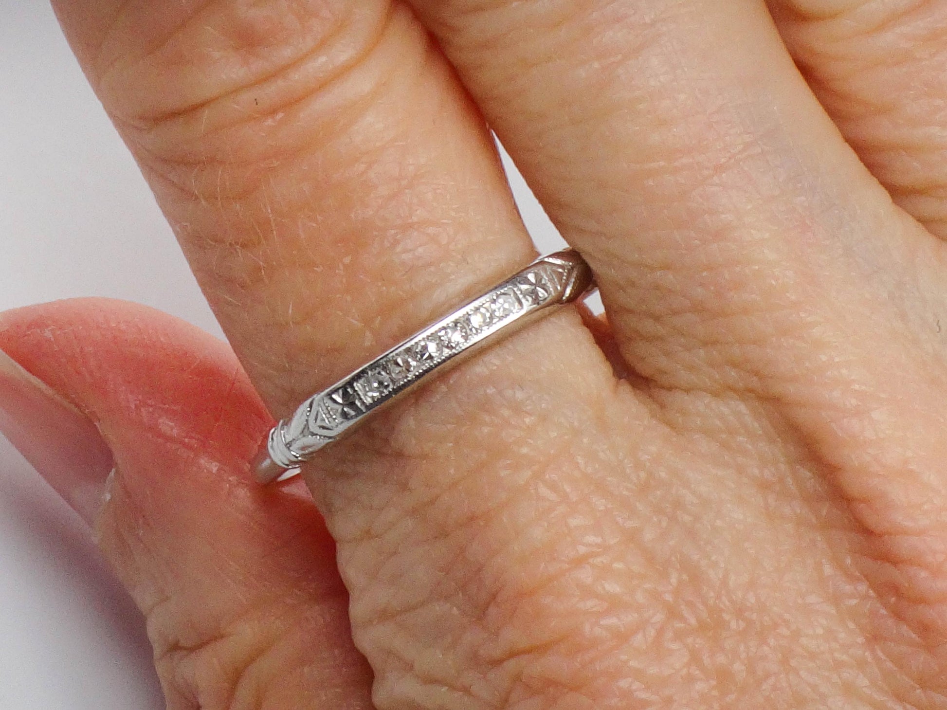 Vintage Platinum Diamond Wedding Band - 1930s Thin Stacking Ring Size 11.75