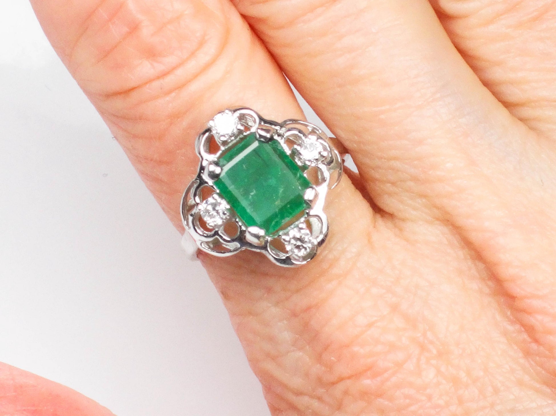 Vintage Emerald Diamond Ring: 14k White Gold May Birthstone, Size 7.5
