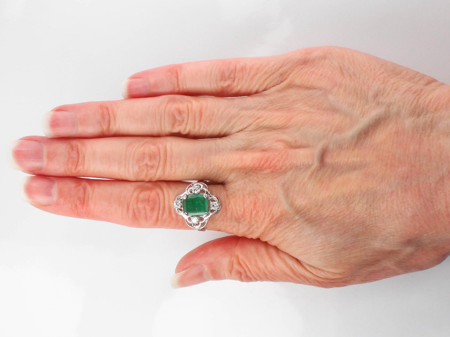 Vintage 14k White Gold Natural Emerald and Diamond Ring, Approximately 1.15 CT Emerald, May Birthstone Size 7.5