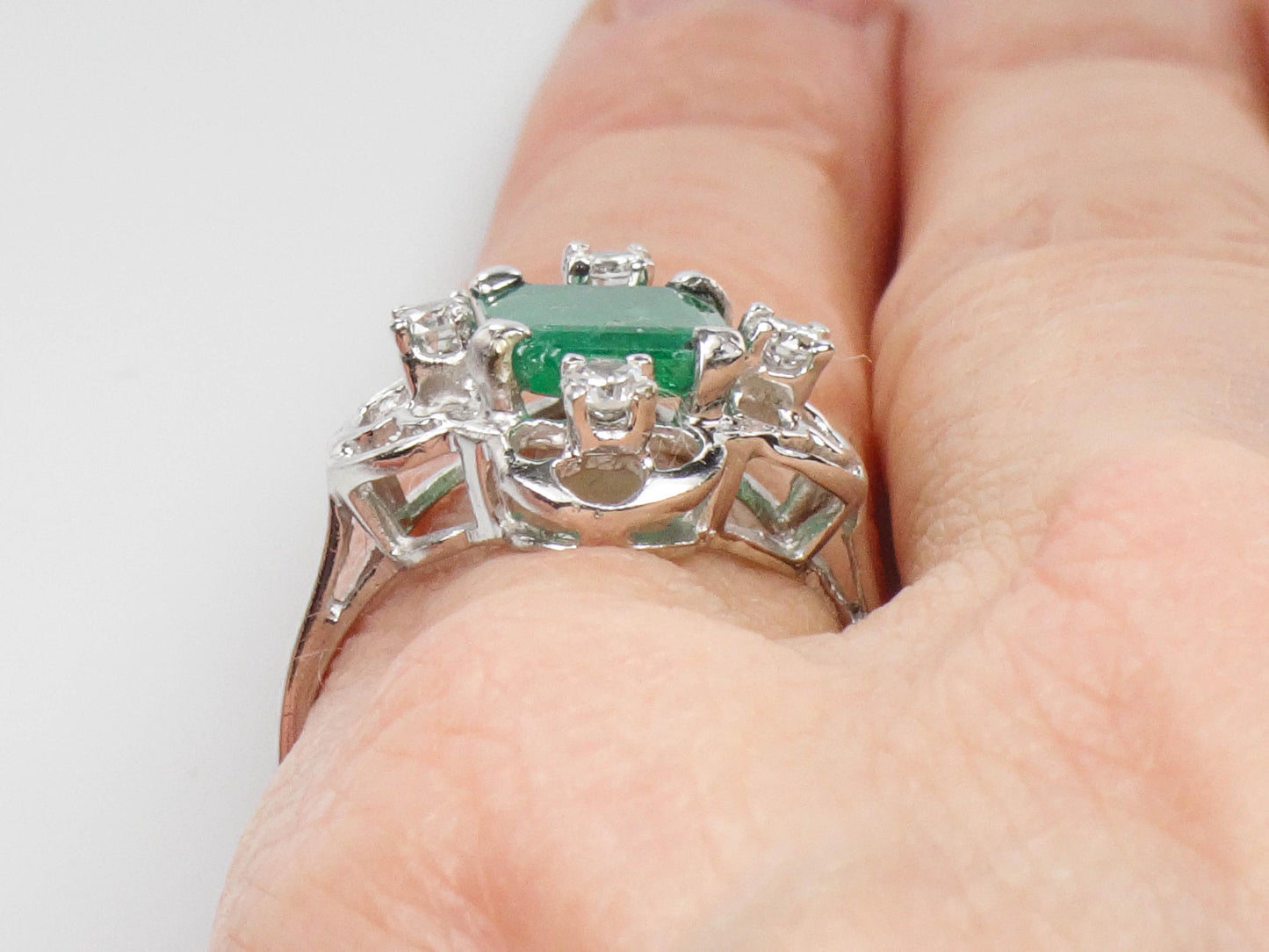 Vintage 14k White Gold Natural Emerald and Diamond Ring, Approximately 1.15 CT Emerald, May Birthstone Size 7.5