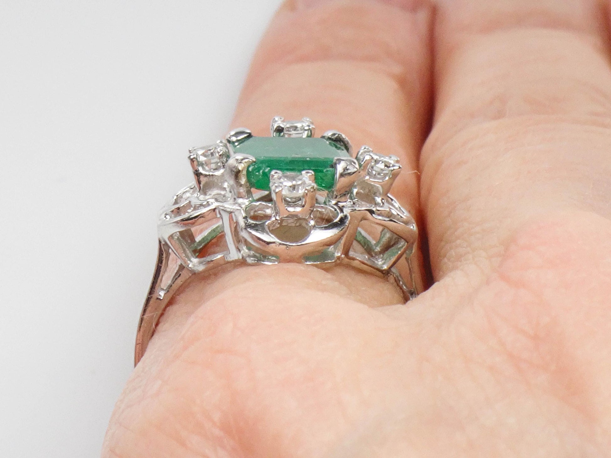 Vintage Emerald Diamond Ring: 14k White Gold May Birthstone, Size 7.5