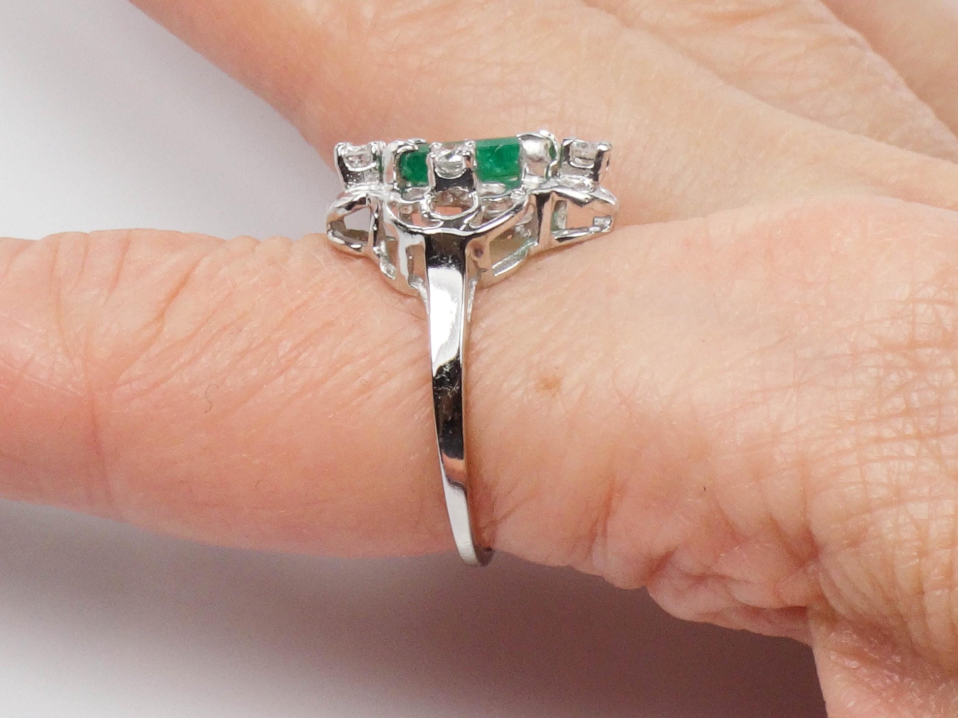 Vintage Emerald Diamond Ring: 14k White Gold May Birthstone, Size 7.5