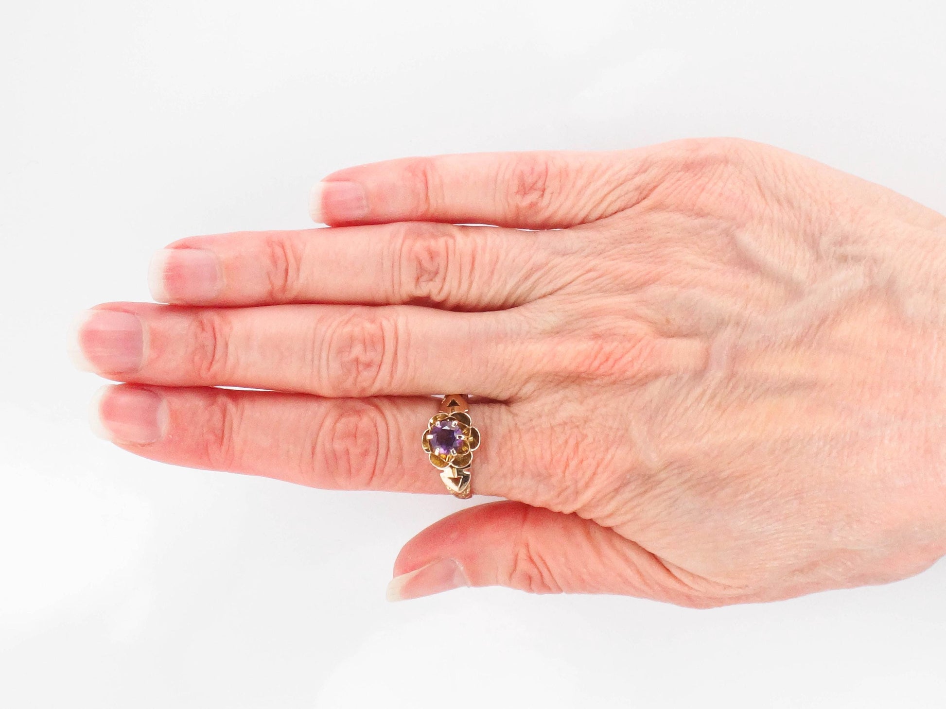 Vintage 14k Yellow Gold Amethyst Ring: Antique Floral Solitaire, February Birthstone, 1910's