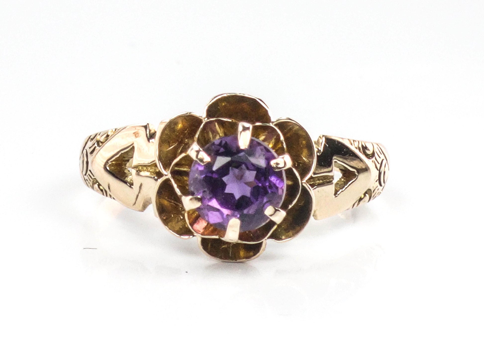 Vintage 14k Yellow Gold Amethyst Ring: Antique Floral Solitaire, February Birthstone, 1910's