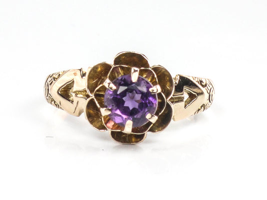 Vintage 14k Yellow Gold Amethyst Ring: Antique Floral Solitaire, February Birthstone, 1910's