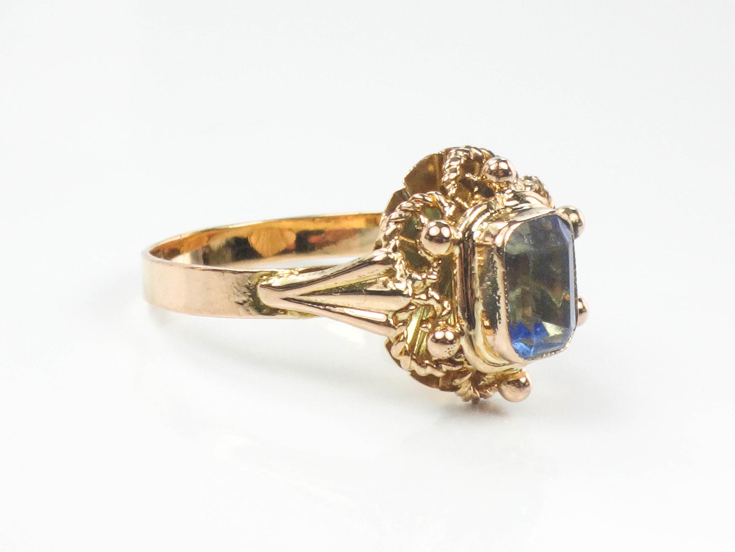 Vintage 19.2k Yellow Gold Cannetille Filigree Blue Glass Ring, Portuguese Hallmarked 800 Gold Ring, Size 6.75