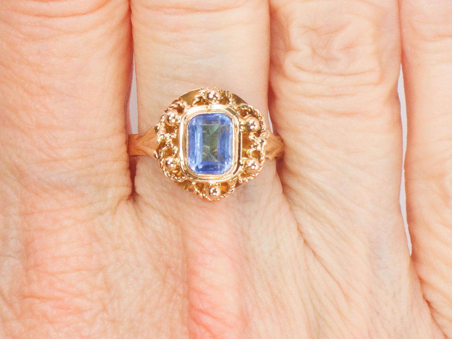 Vintage 19.2k Yellow Gold Cannetille Filigree Blue Glass Ring, Portuguese Hallmarked 800 Gold Ring, Size 6.75