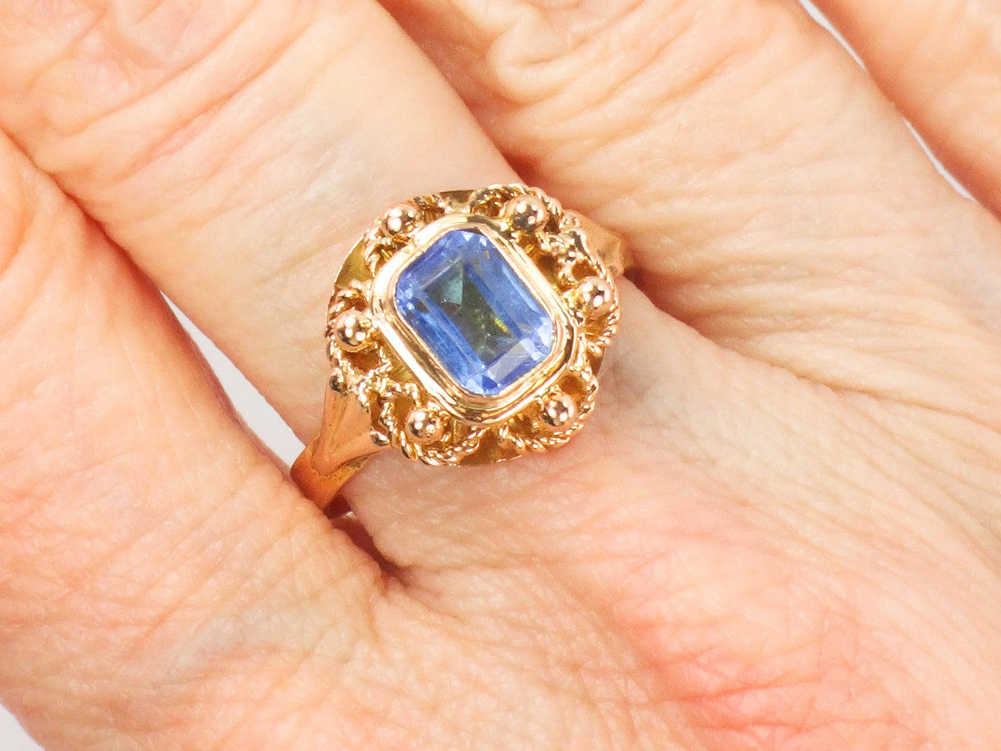 Vintage 19.2k Yellow Gold Cannetille Filigree Blue Glass Ring, Portuguese Hallmarked 800 Gold Ring, Size 6.75