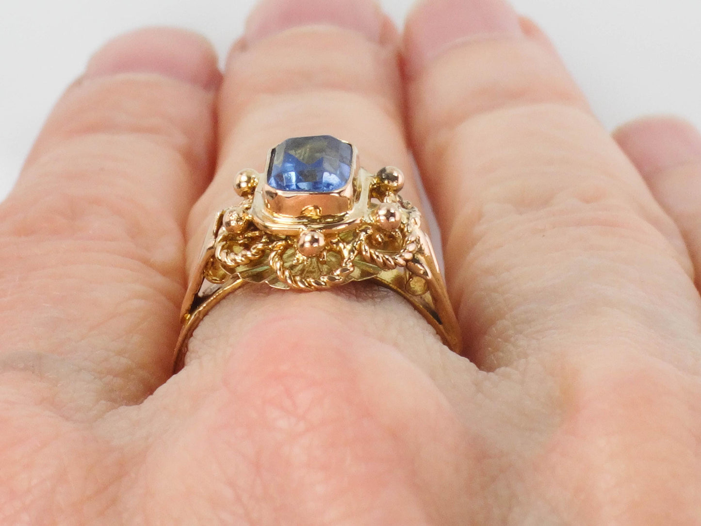Vintage 19.2k Yellow Gold Cannetille Filigree Blue Glass Ring, Portuguese Hallmarked 800 Gold Ring, Size 6.75