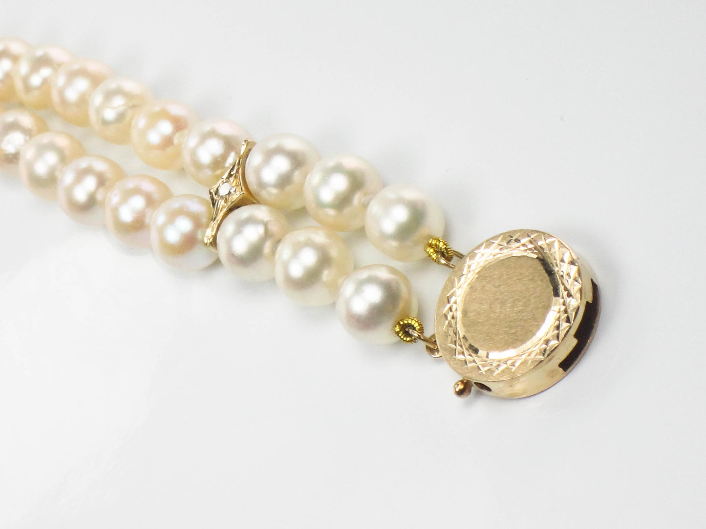 Vintage 14k Gold Double Strand Pearl and Diamond Bracelet, 5.9 - 6.2 mm Saltwater Cultured Pearl Bracelet, Bridal Bracelet 7 7/8"