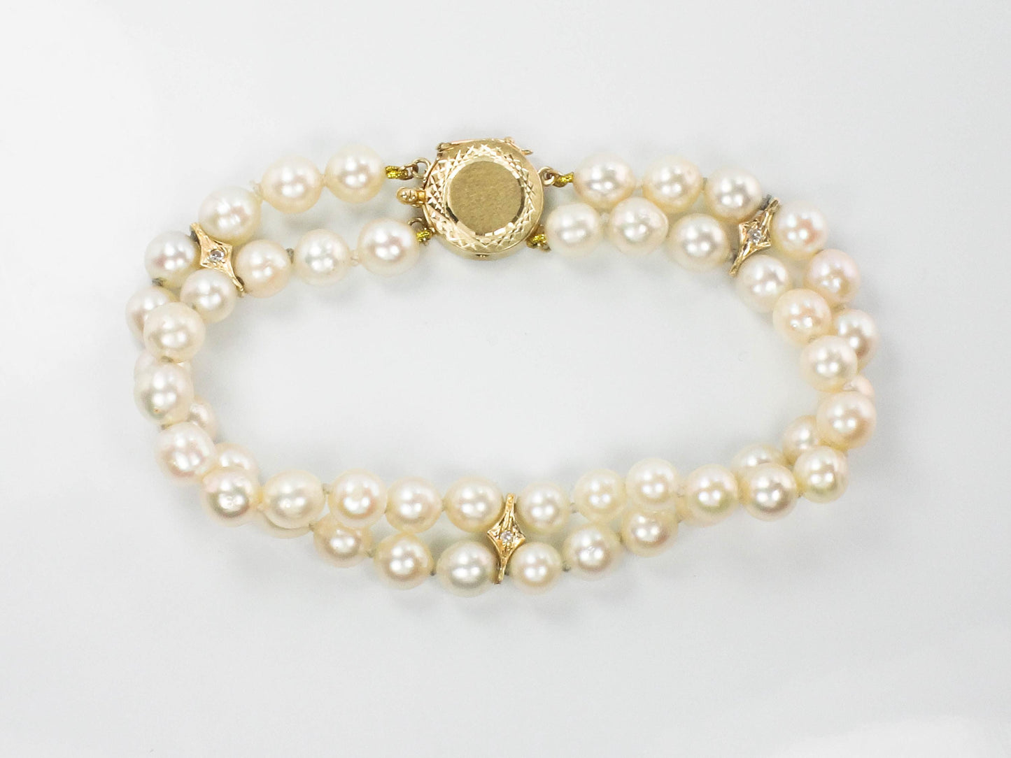 Vintage 14k Gold Double Strand Pearl and Diamond Bracelet, 5.9 - 6.2 mm Saltwater Cultured Pearl Bracelet, Bridal Bracelet 7 7/8"