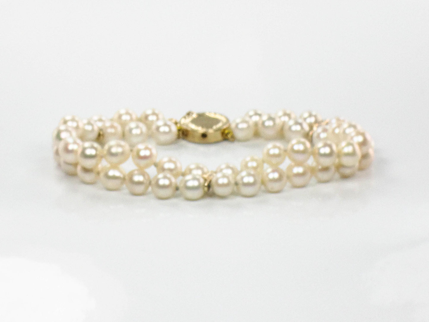 Vintage 14k Gold Double Strand Pearl and Diamond Bracelet, 5.9 - 6.2 mm Saltwater Cultured Pearl Bracelet, Bridal Bracelet 7 7/8"